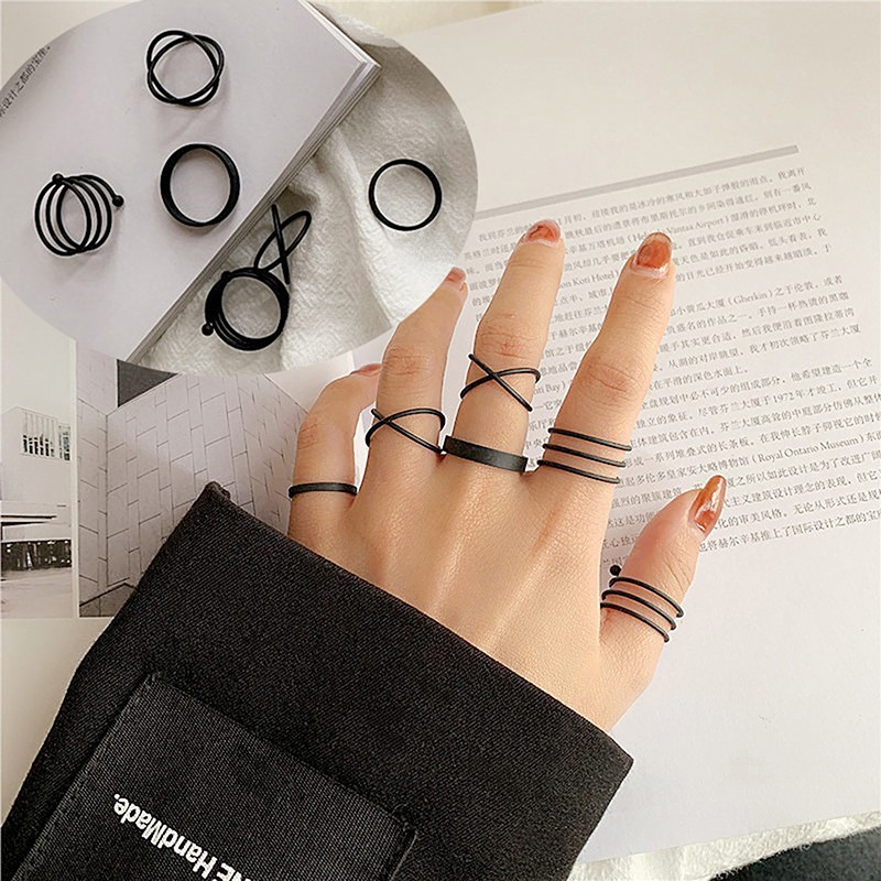 3/6pcs Vintage Black Rings Set For Women Girls Punk Metallic Geometric SimpCRzd