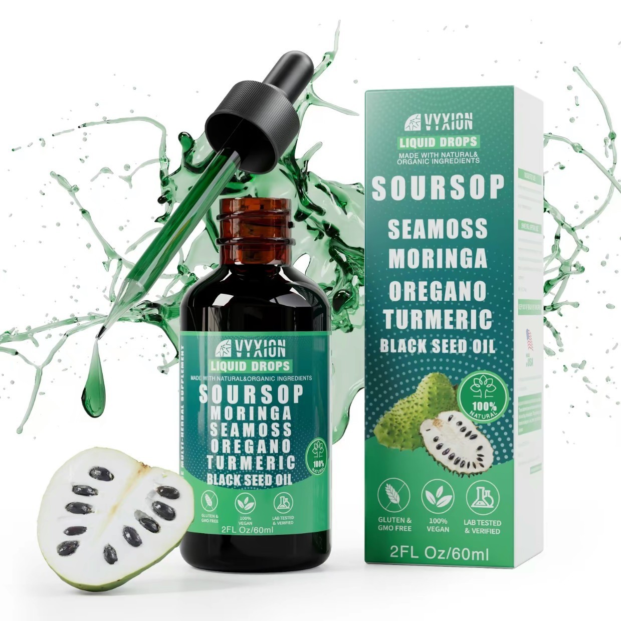 VYXION Pure Soursop 10 in 1 Liquid DropsExtract-Seamoss,Moringa,Black SeedOil