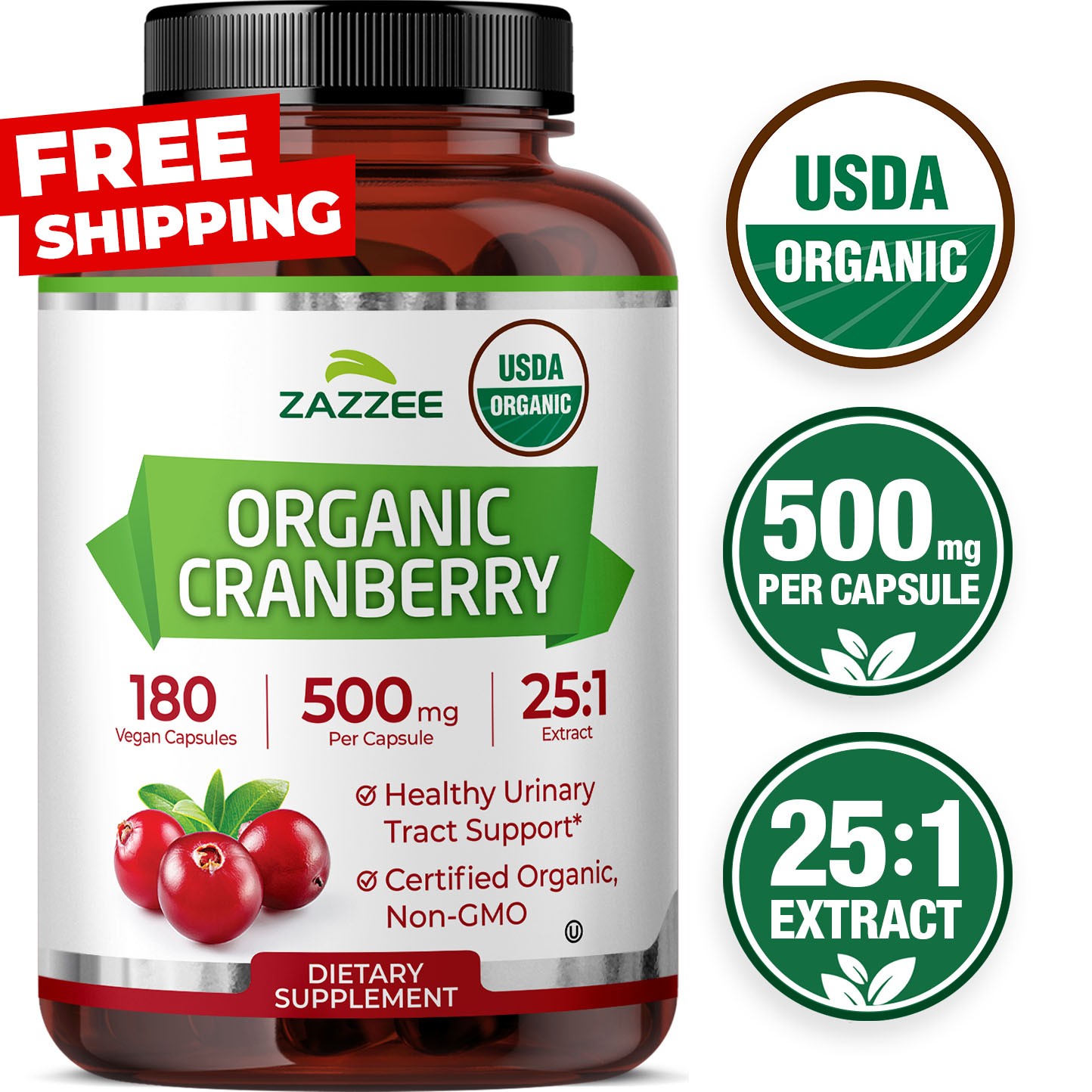 Zazzee USDA Organic Cranberry 25:1 Extract, 500 mg, 180 Vegan Capsules, Kosher
