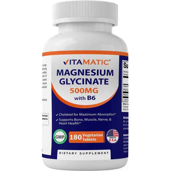 Vitamatic Magnesium Glycinate 500mg with Vitamin B6 – 180 Vegetarian Tabs NonGmo