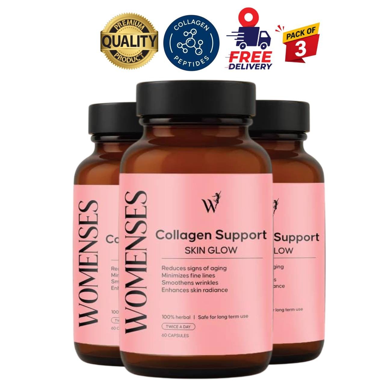 3 Pack W.OMENSES Collagen Capsules 60 Count Vegan