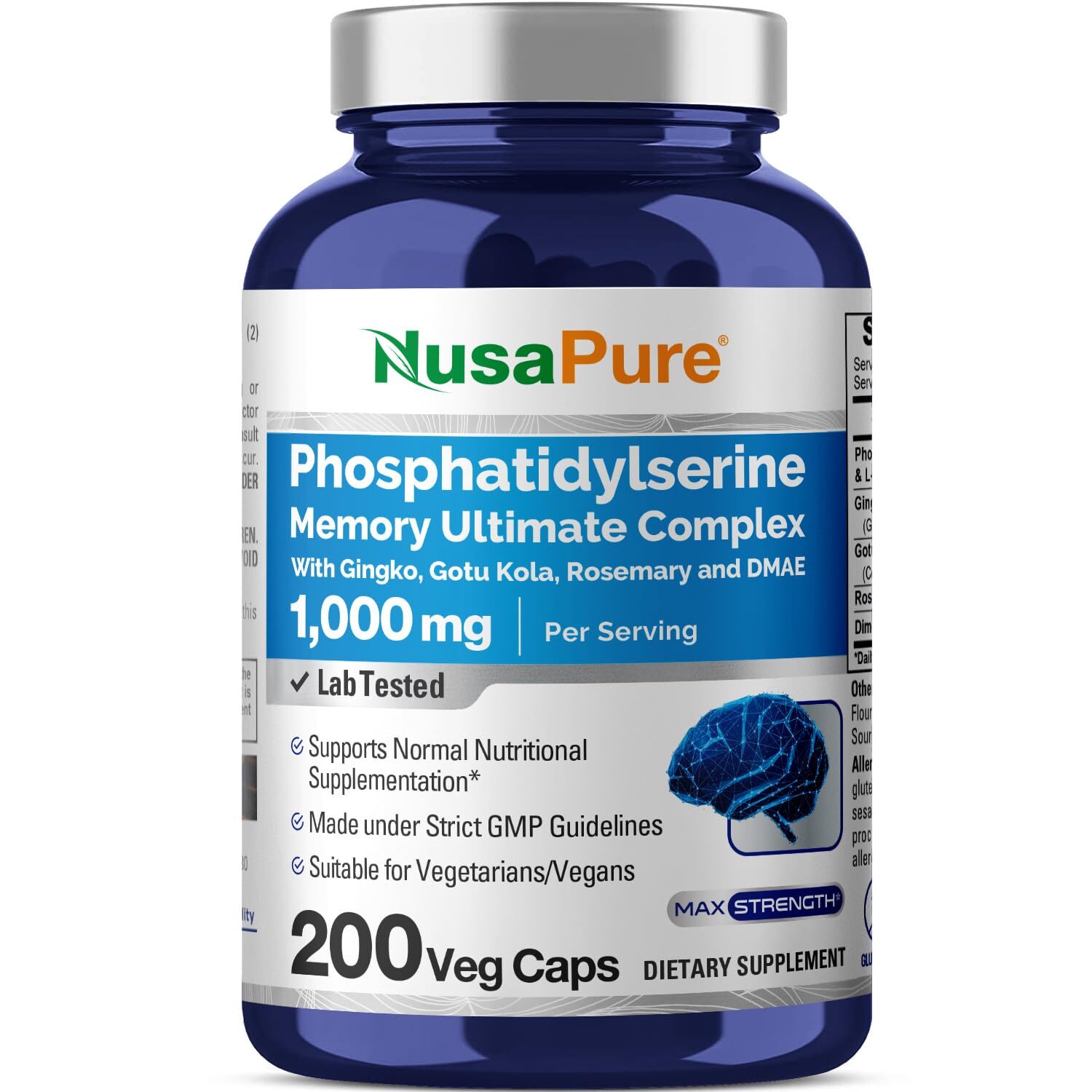 NusaPure Phosphatidylserine 1000mg Memory Support 200 Veg Caps Vegan