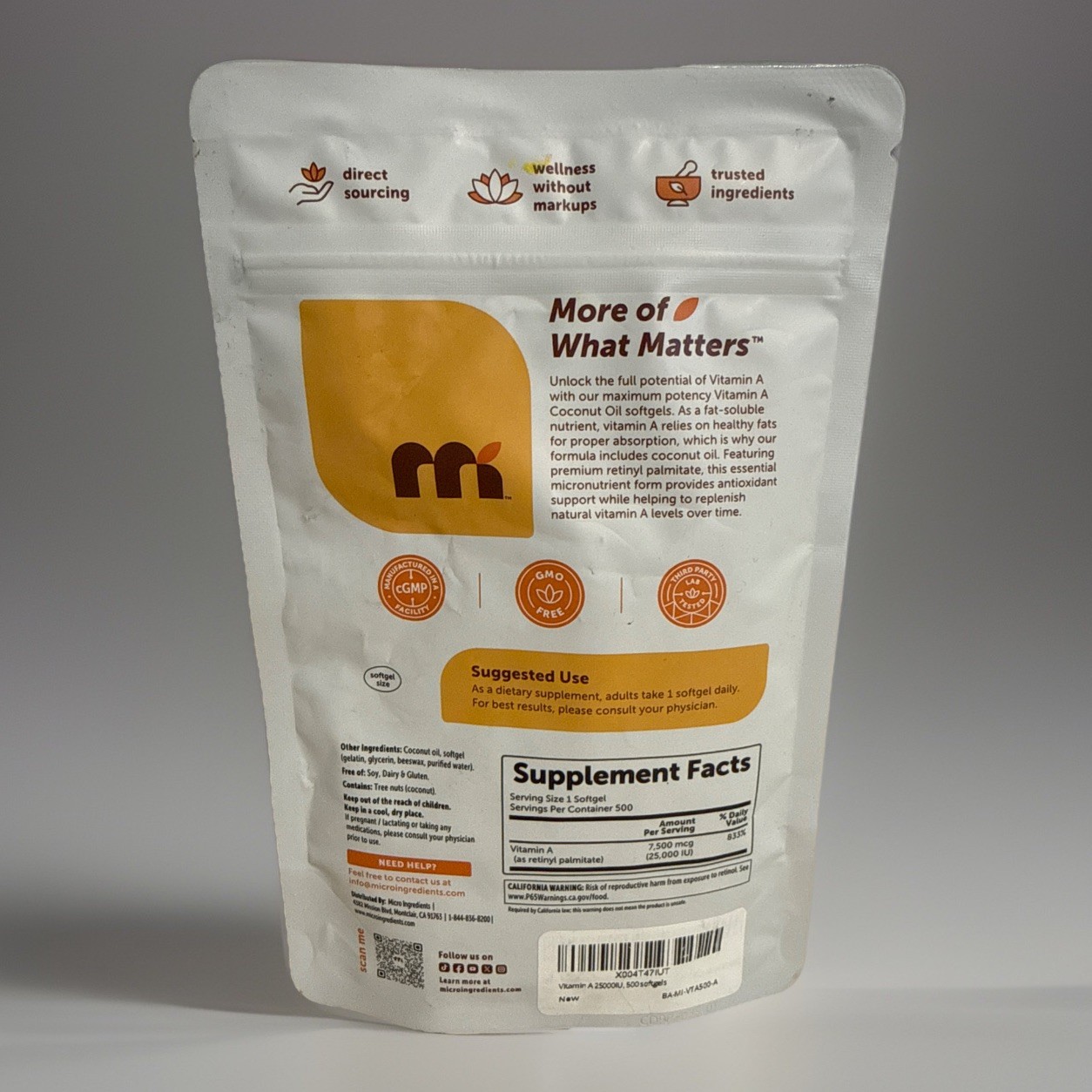Micro Ingredients Vitamin A 25000 IU 500 Softgels with Coconut Oil Exp 03/2028