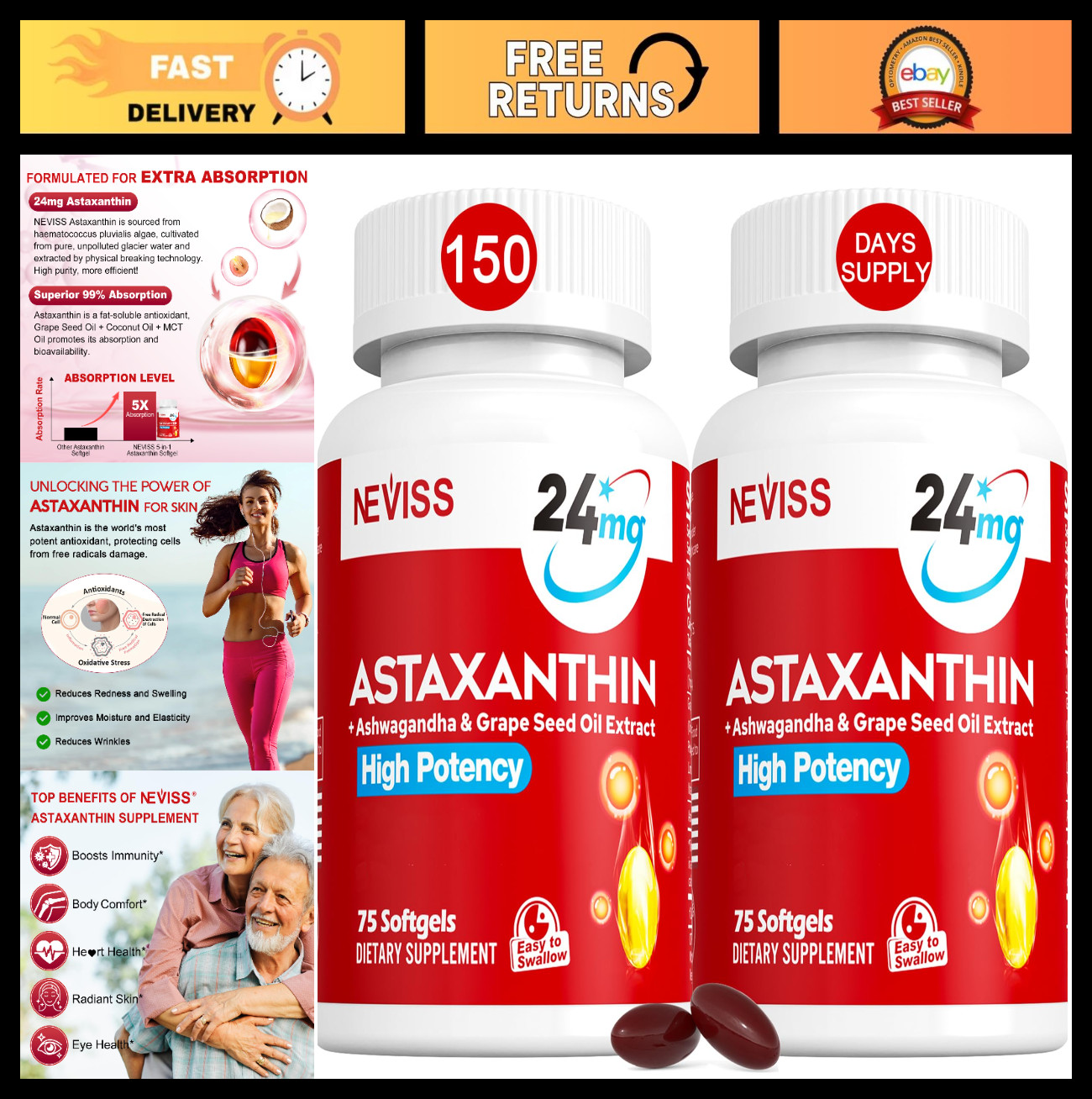 Astaxanthin 24mg Softgels – Antioxidant Supplements with MCT Oil & Ashwagandha,