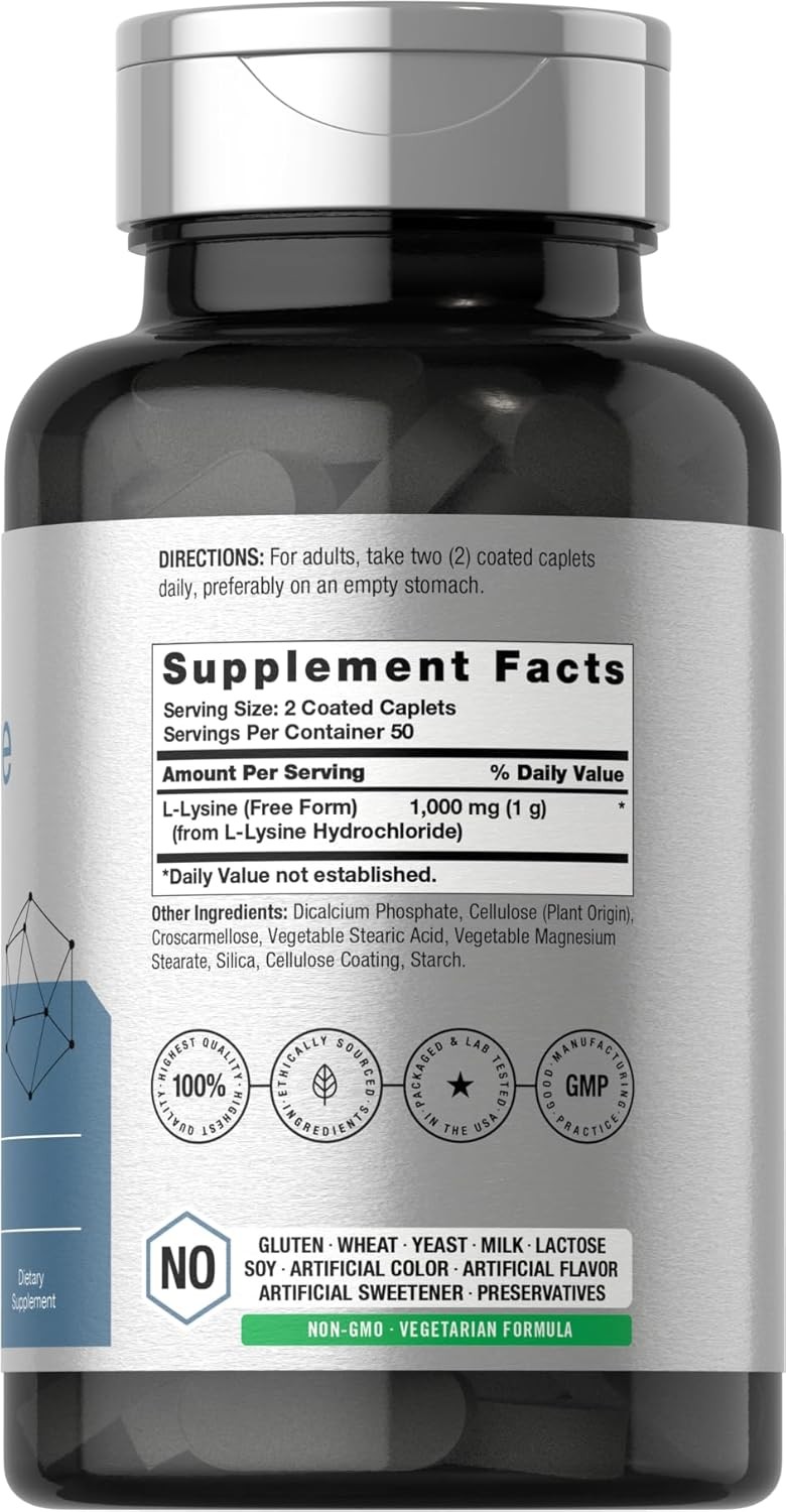 L-Lysine 1000mg | 100 Caplets | Free Form Supplement | Vegetarian | by Horbaach