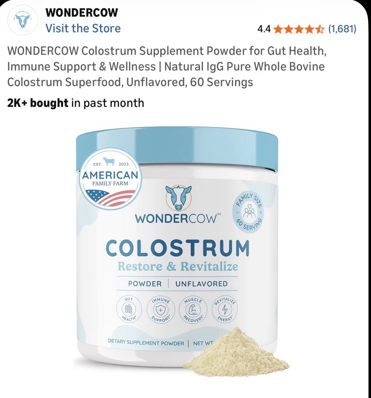 Wondercow Colostrum Powder Gut Health Immune Support Recovery 60 Servings