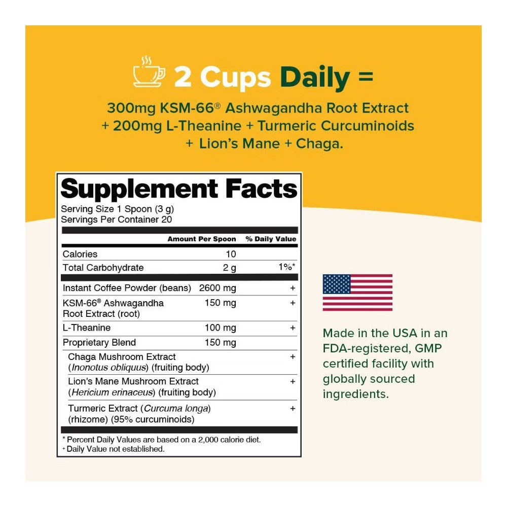 Ashwagandha Instant Coffee with Mushrooms Calm Energy & Focus – 2.11oz