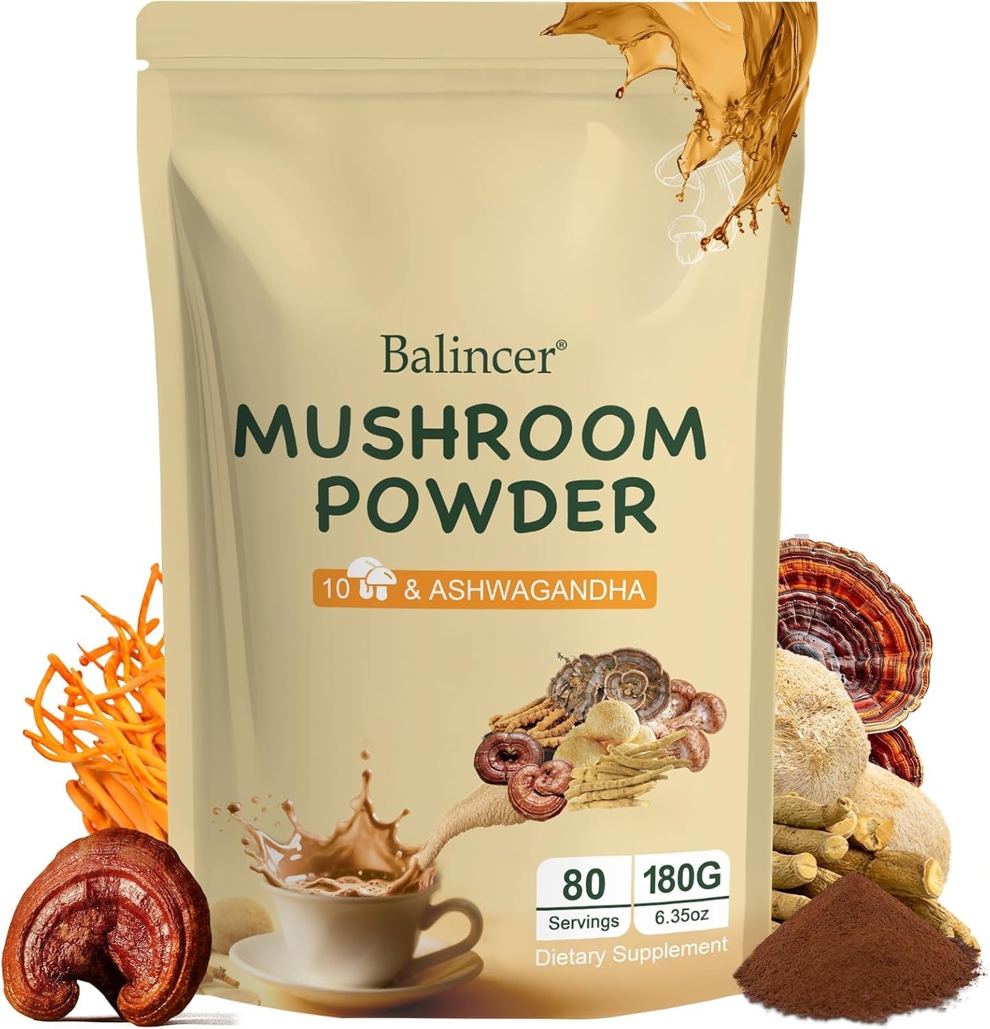 Balincer Mushroom Powder Supplement with 10 Mushrooms and Ashwagandha Support…