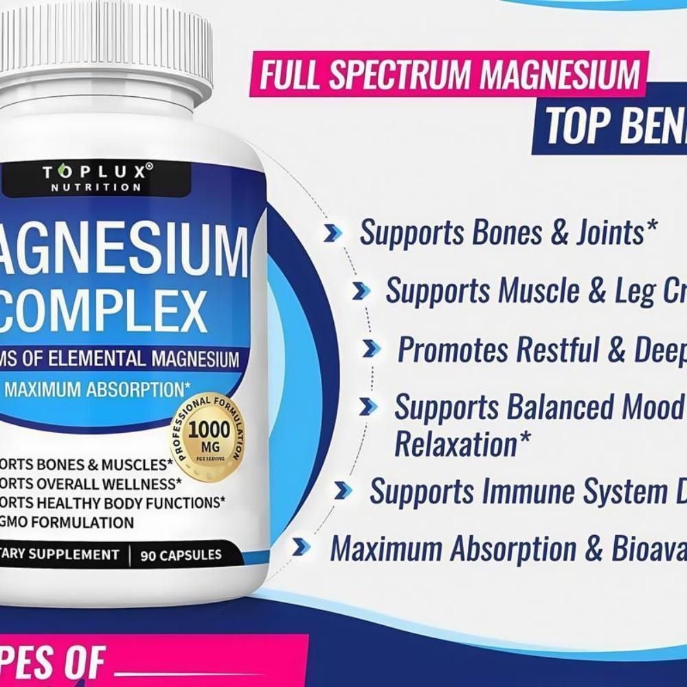 1-3Pack Toplux Nutrition Magnesium Complex 1000mg Supports 8 Elemental Magnesium