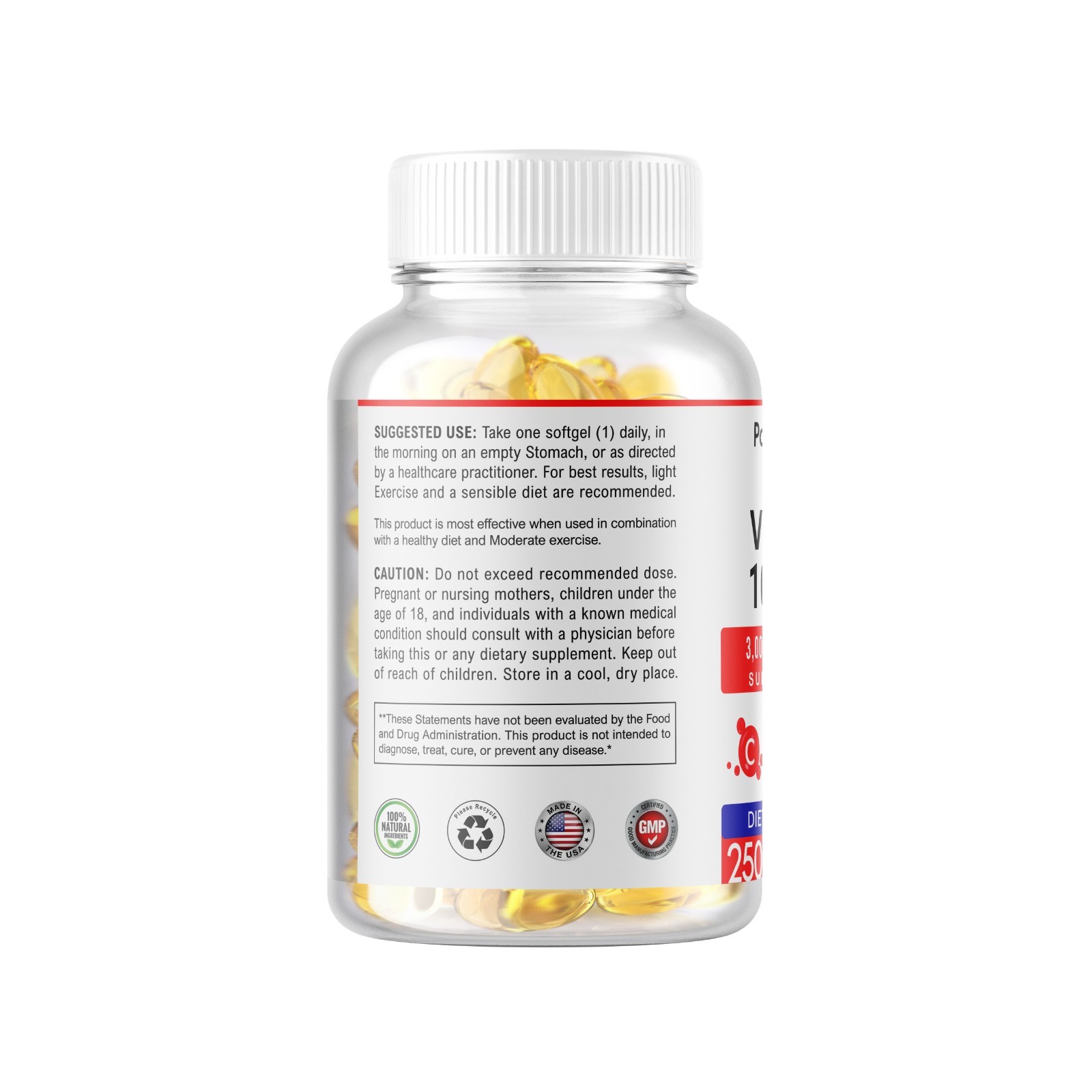 Vitamin A 10000 IU 250 Softgels Servings Gluten Free Non-GMO USA