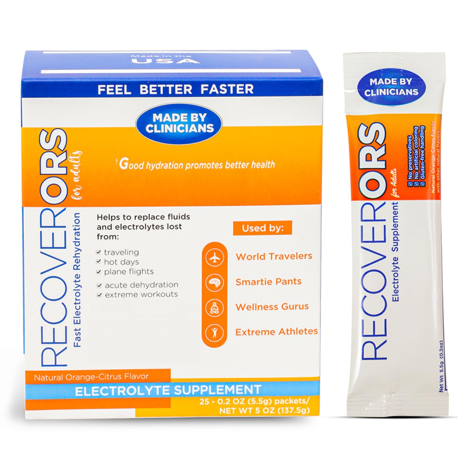 RecoverORS 8 in 1 Electrolyte Powder & Vitamin 0.2 Ounce (Pack of 25), White