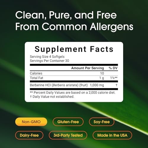 Berberine 1000mg Softgels – Antioxidant & Adaptogenic Support, MCT Oil, Gluten-F