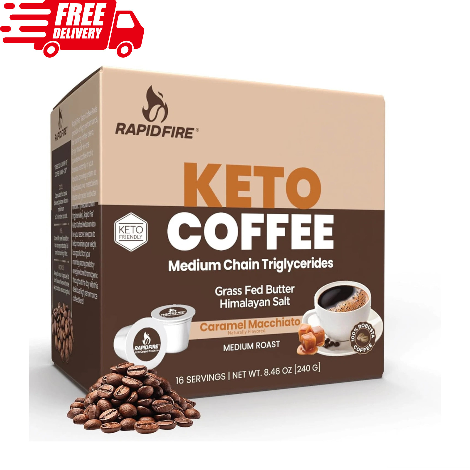 Rapidfire Caramel Macchiato Ketogenic High Performance Keto Coffee Pods Support
