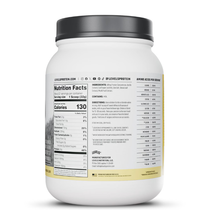 Levels Grass Fed Whey Protein Vanilla Bean 1.48lb 24g Protein No Artificial