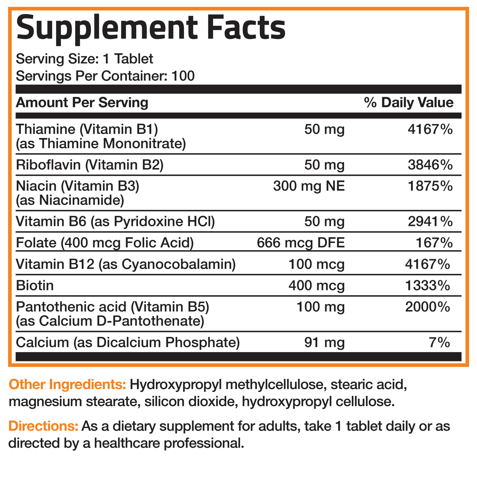 VITAMIN B COMPLEX Sustained Release B1, B2, B3, B6, Folic Acid, B12, 100 Tablets