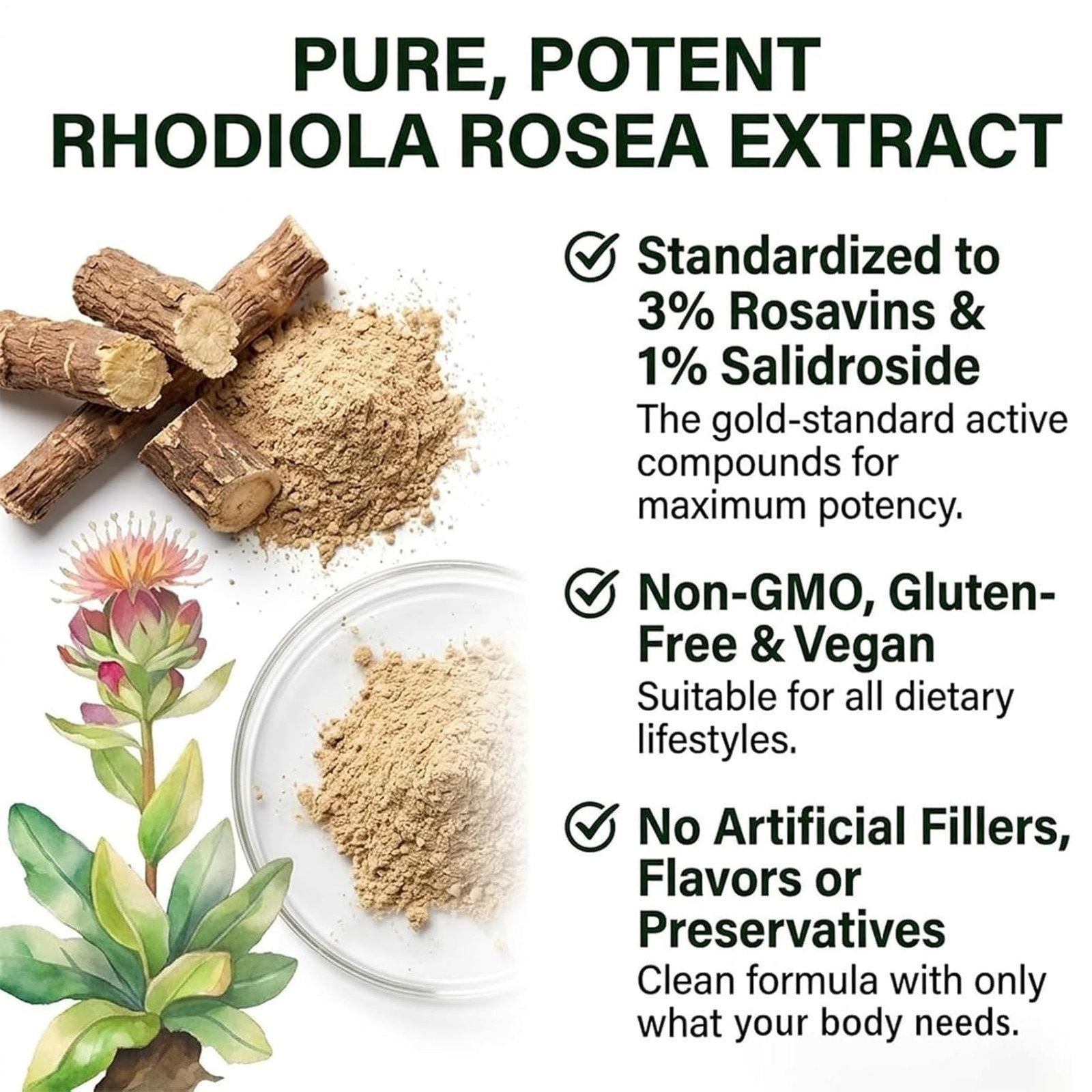 Rhodiola Rosea, All-Natural, Non-GMO, Vegan, 60 Capsules