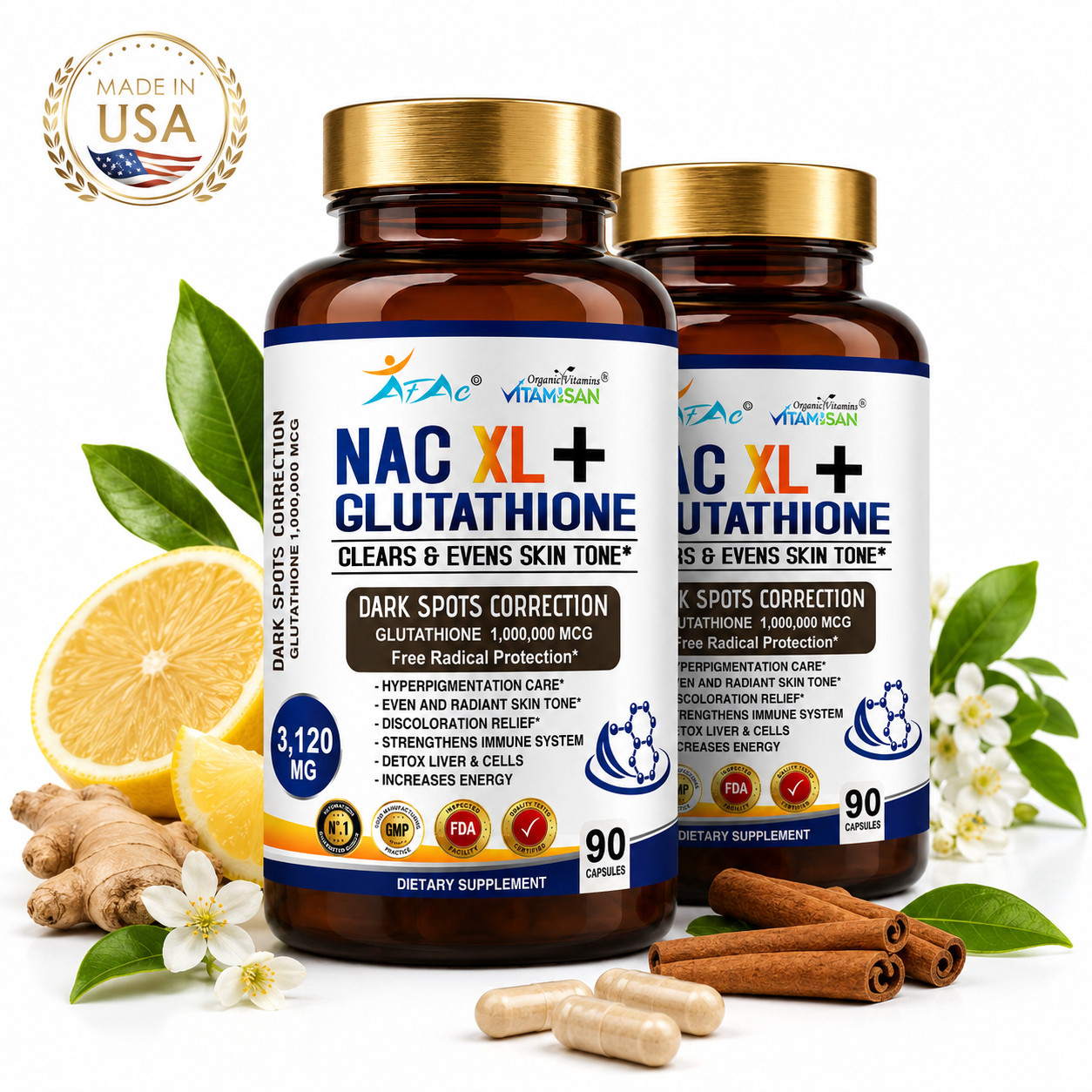 2 Pack NAC XL + Glutathione 3120mg 180 Capsules Antioxidant Skin Support