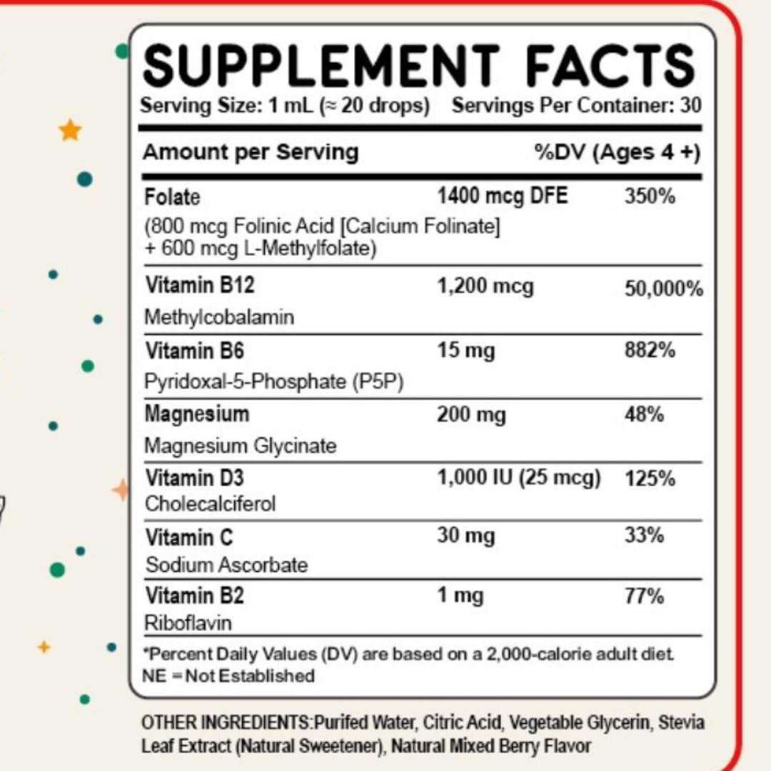 Folinic Acid Drops Kids 800 mcg + LMethylfolate + B12 +P5P B6 Gentle Methylat…