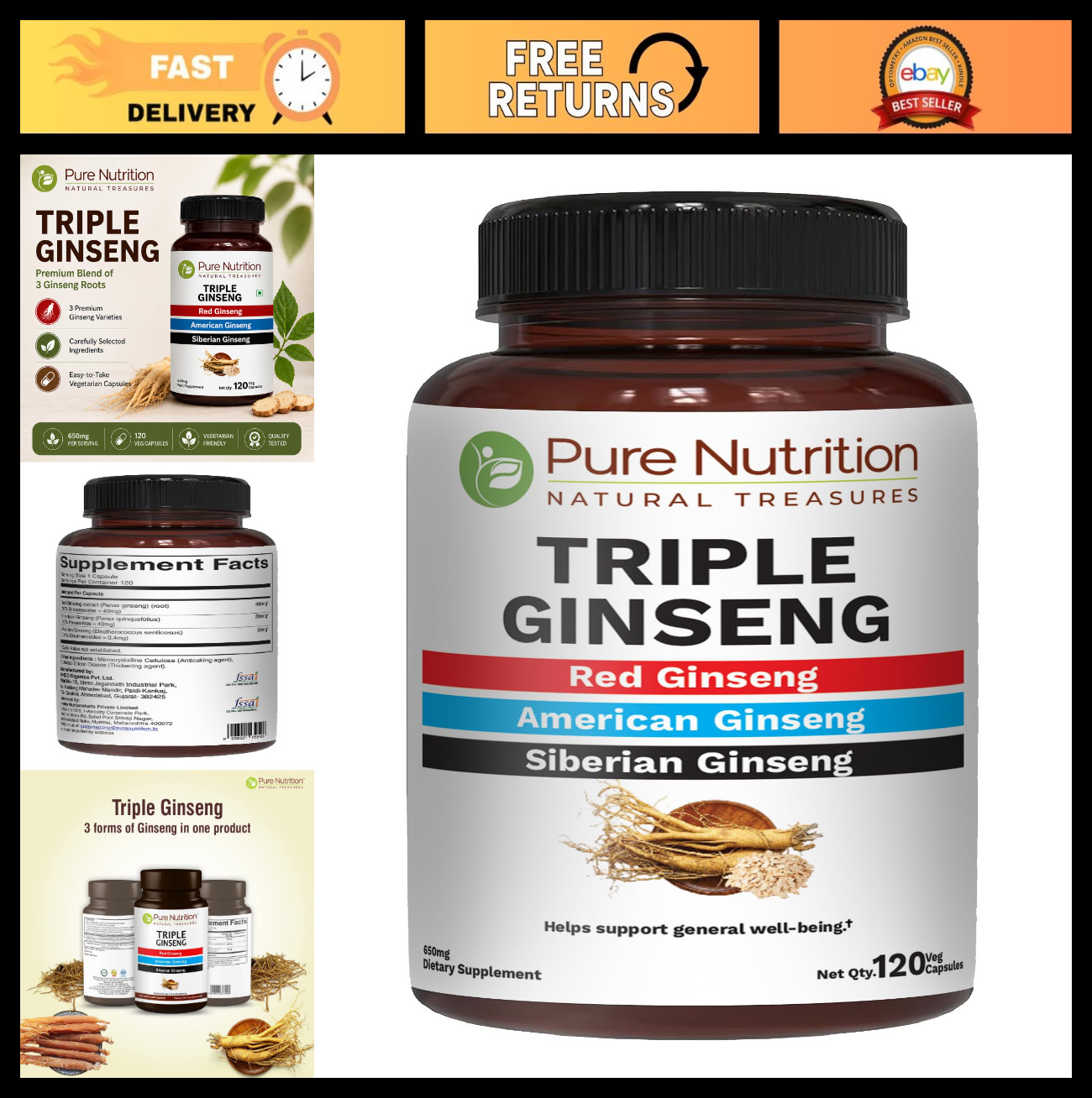 Triple Ginseng Complex 650mg | 120 Capsules | Energy & Vitality Boost | Non-GMO