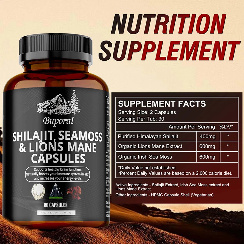 Shilajit, Sea Moss & Lions Mane 60pcs, Reduce Fatigue, Muscle Recovery, Energy