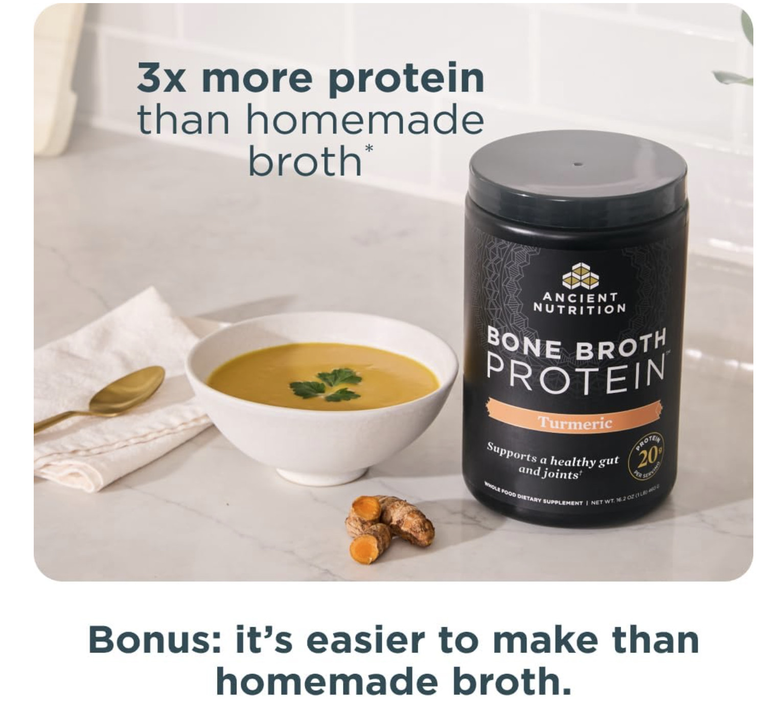 Ancient Nutrition Bone Broth Protein Turmeric – 16.2 oz (20 servings)