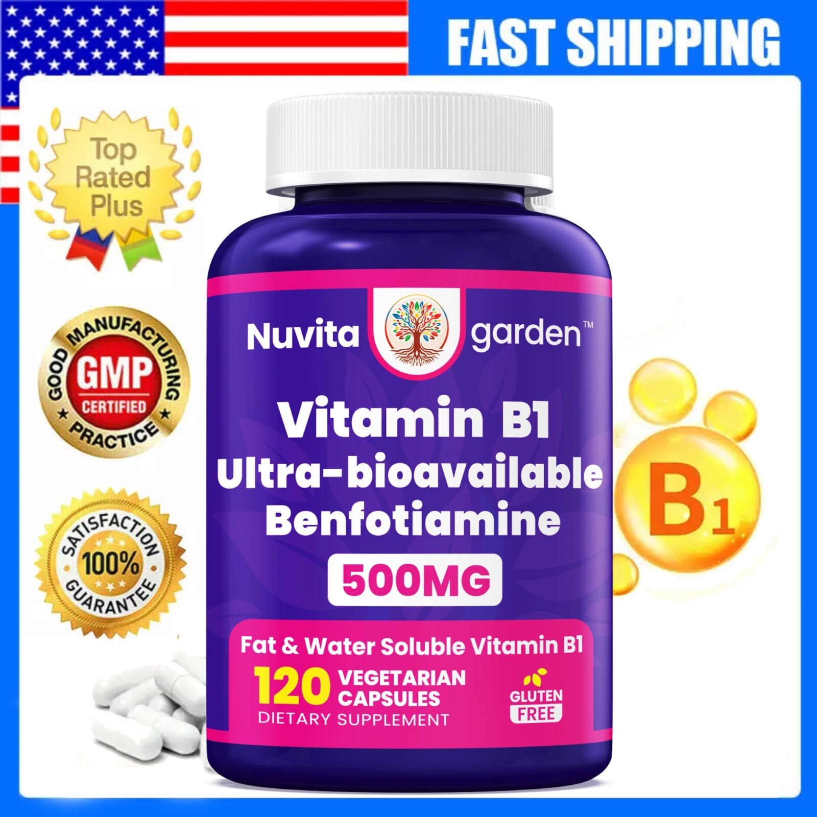 Vitamin B1 (Thiamine) 500mg, 120 Vegetarian Capsules – Gluten Free and Non-GMO