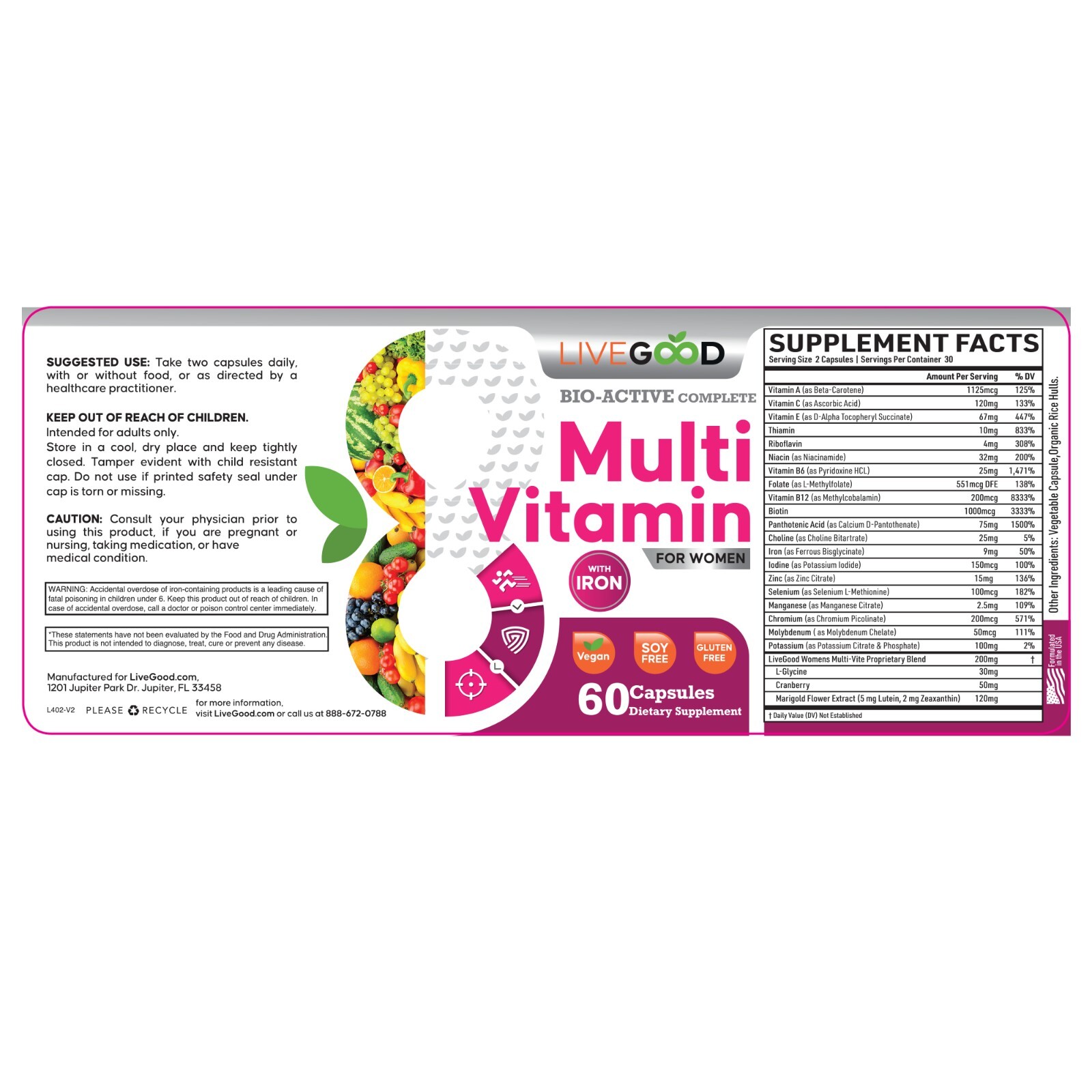 LiveGood Multi-Vitamin, Bio-Active Complete For Women With Low Iron.