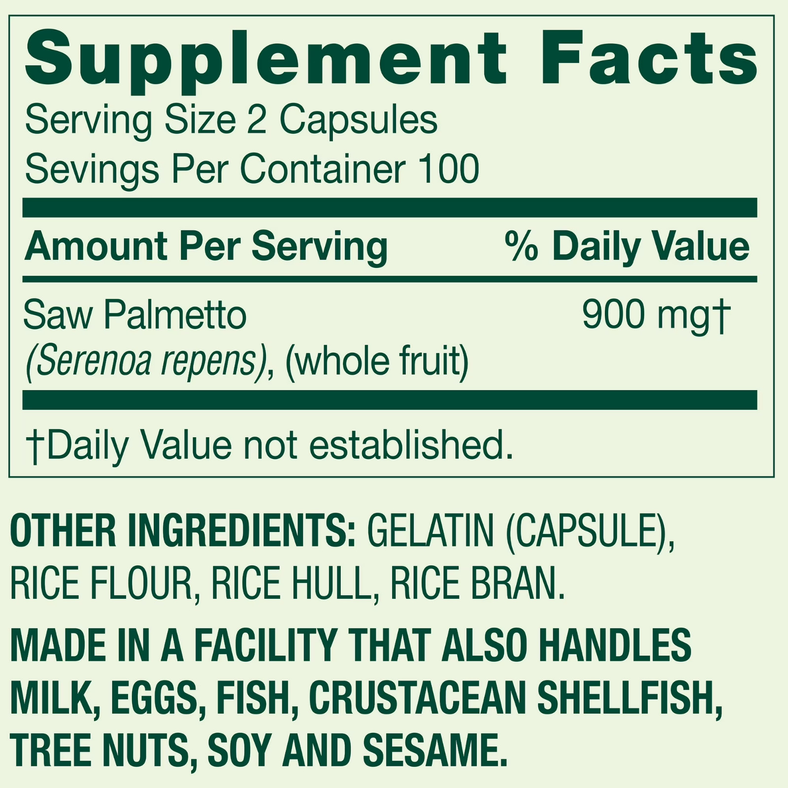 Spring Valley Whole Herb Saw Palmetto 450 mg Dietary Supplement 200 Capsules