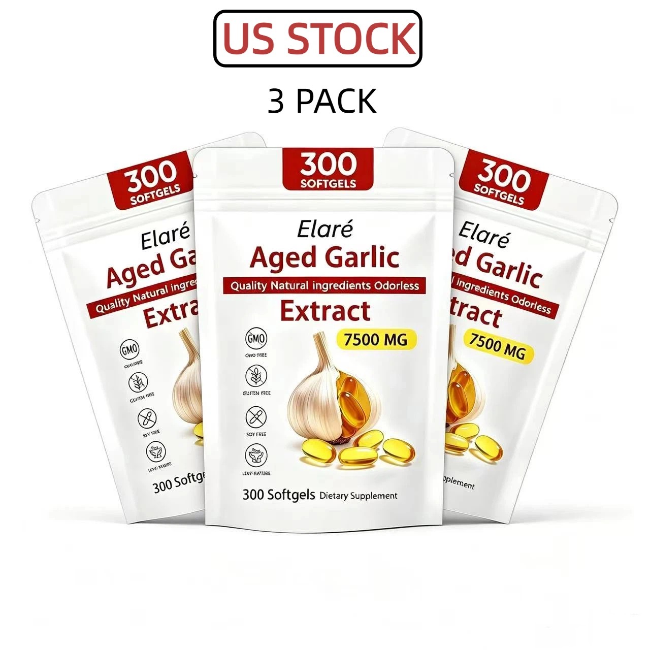 3 PACK Elare Aged Garlic Extract, 300 Softgels, 7500mg Odorless | Heart & Immune