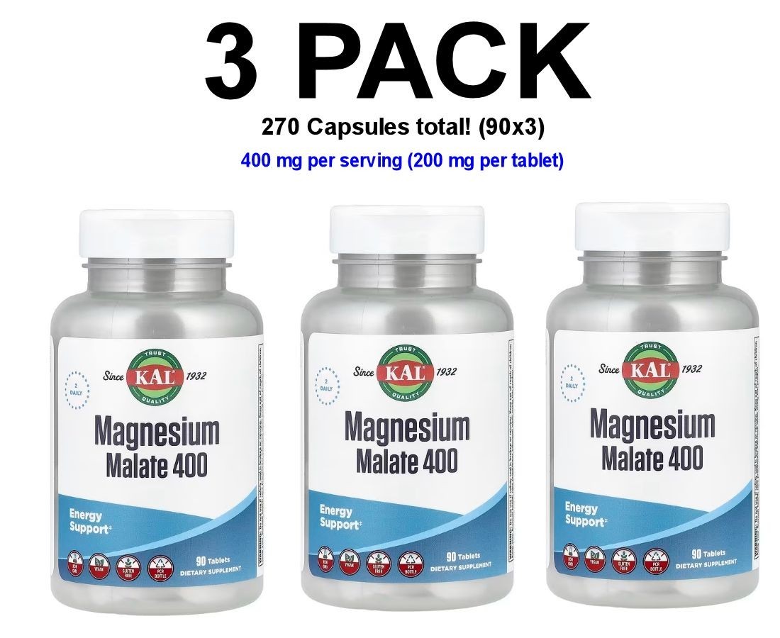 KAL, Magnesium Malate 400, 3 PACK, 90 Tablets (270 total), 200 mg per tablet