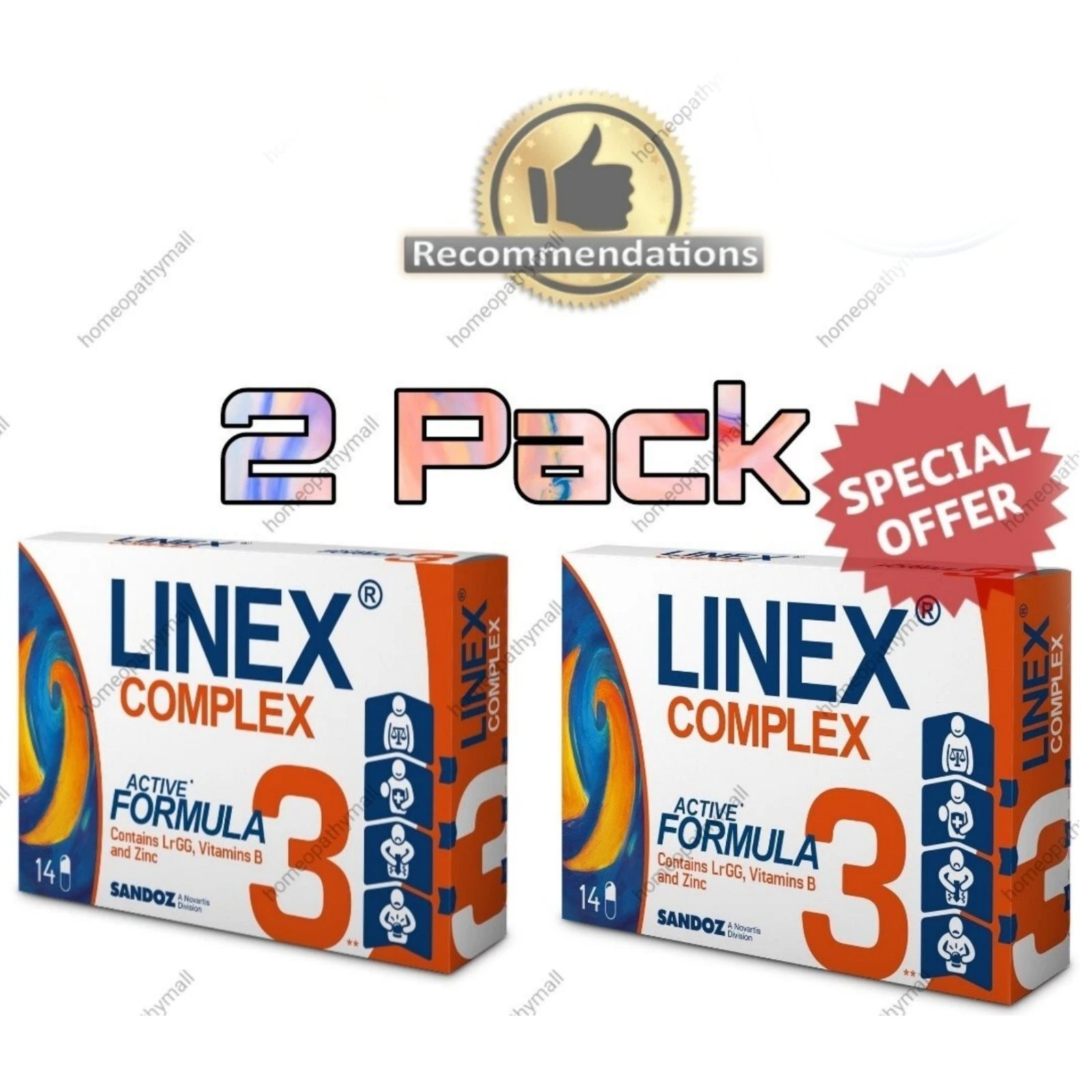 2 Pack LINEX COMPLEX Lactobacillus Rhamnosus GG Complex Vitamin B1 B2 B6 Zinc