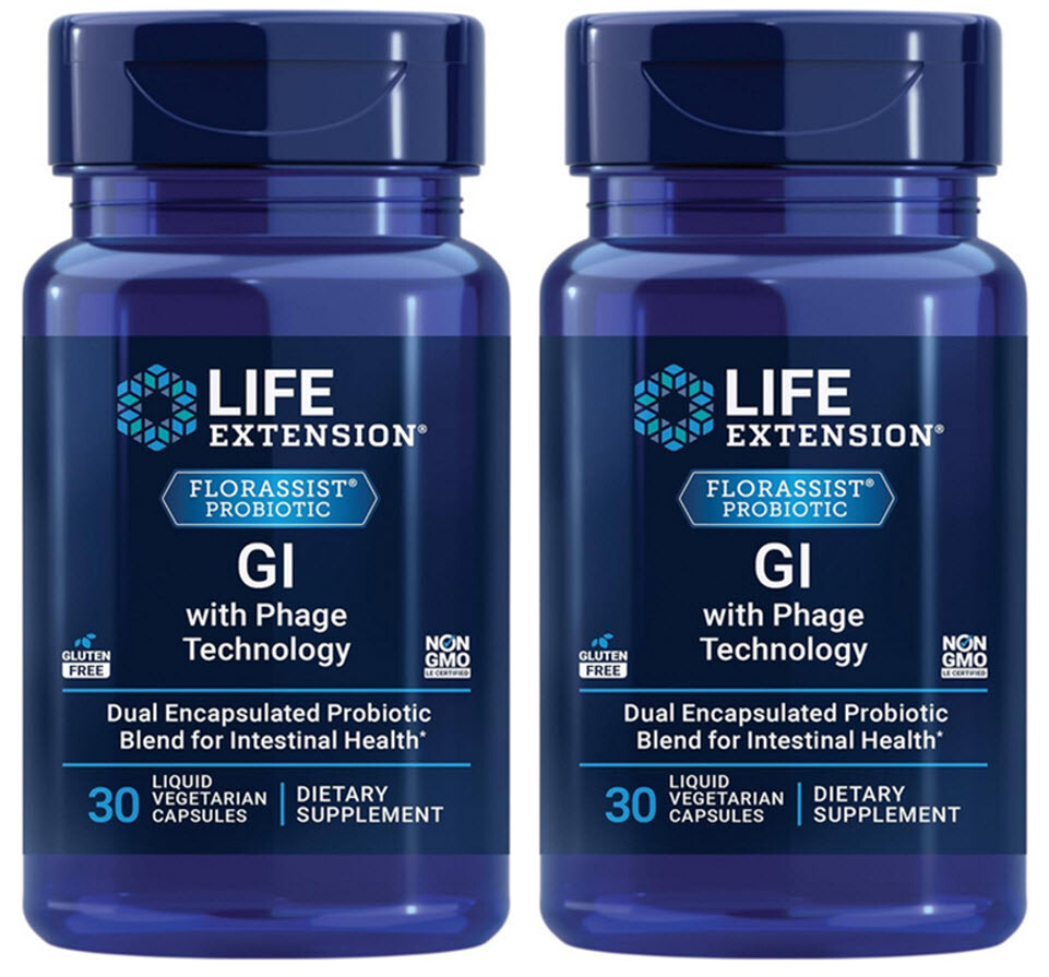 FLORASSIST GI with PHASE TECHNOLOGY PROBIOTIC 2 BOTTLE 60 Caps LIFE EXTENSION