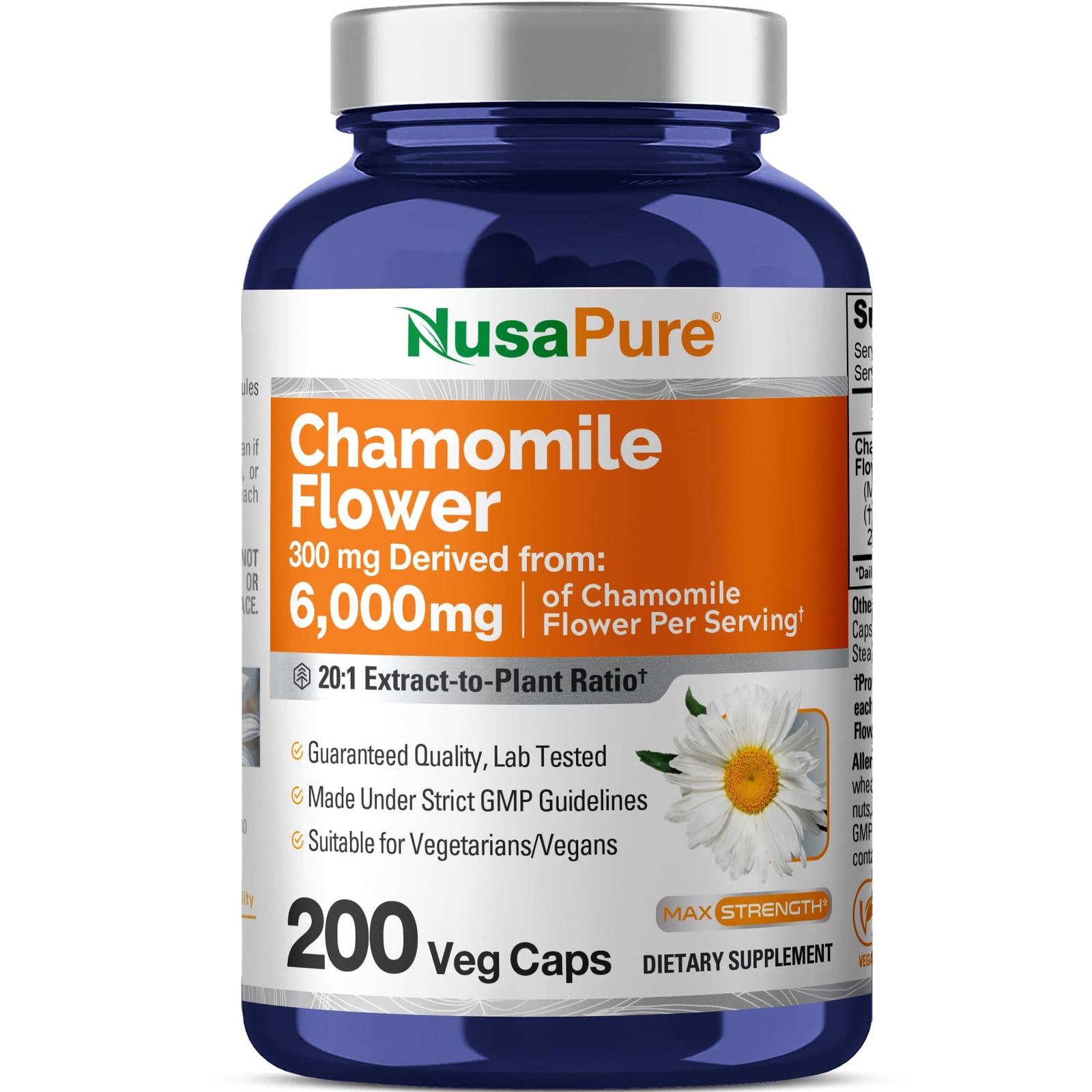 NusaPure Chamomile Flower 20:1 Extract, 6,000mg Vegan 200 Vcaps