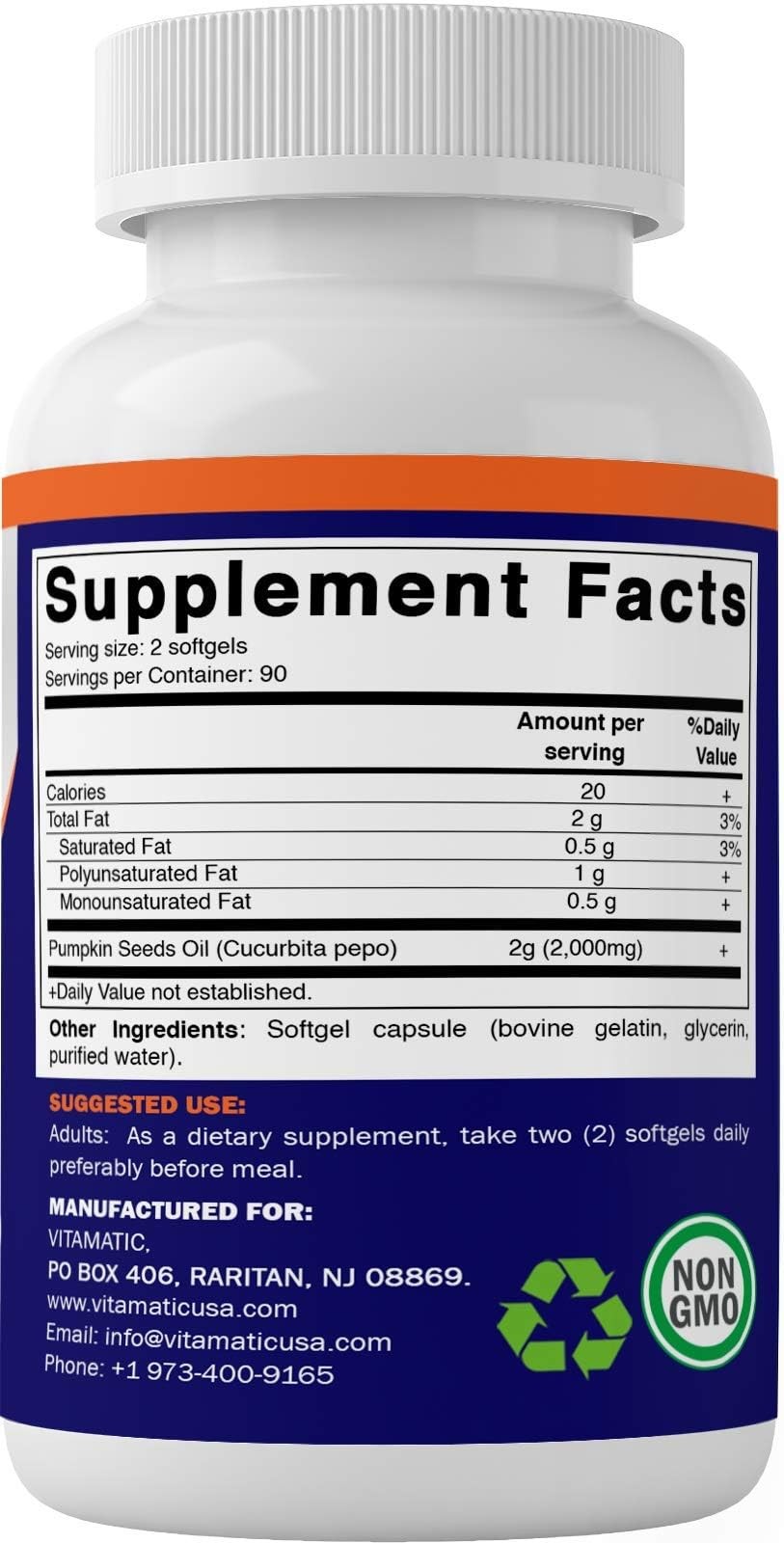 Vitamatic Pumpkin Seed Oil 2000Mg Softgel Capsules Per Serving – 180 Softgels –