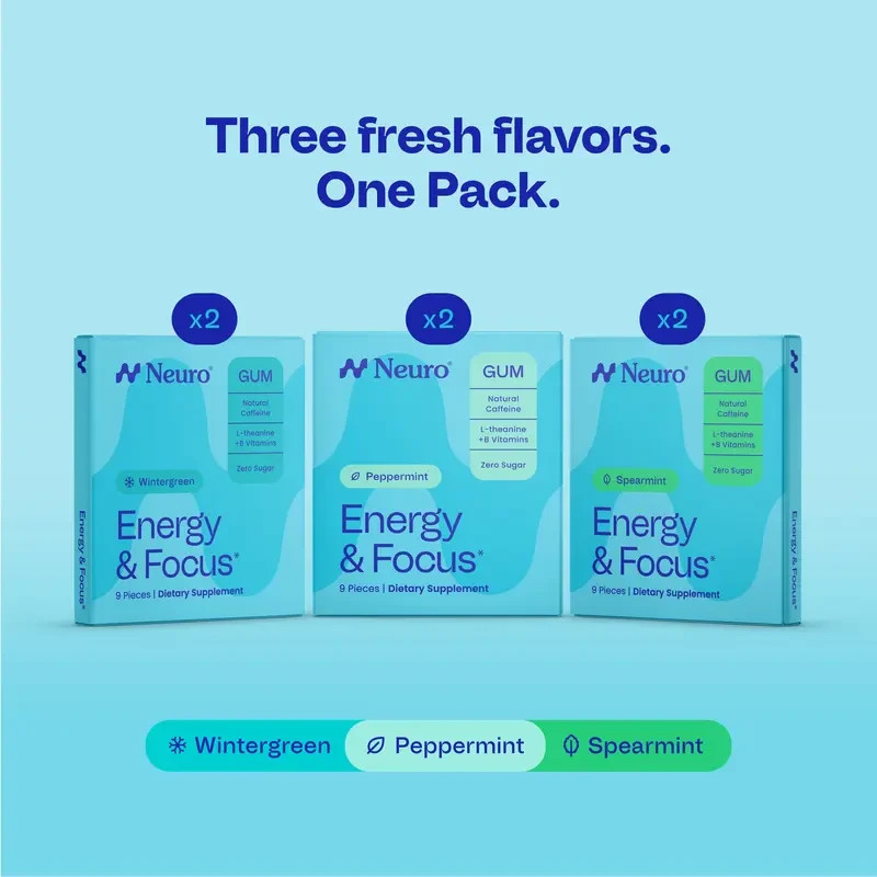 Neuro Energy & Focus Gum – 6-Pack Variety – Spearmint, Wintergreen, & Peppermint