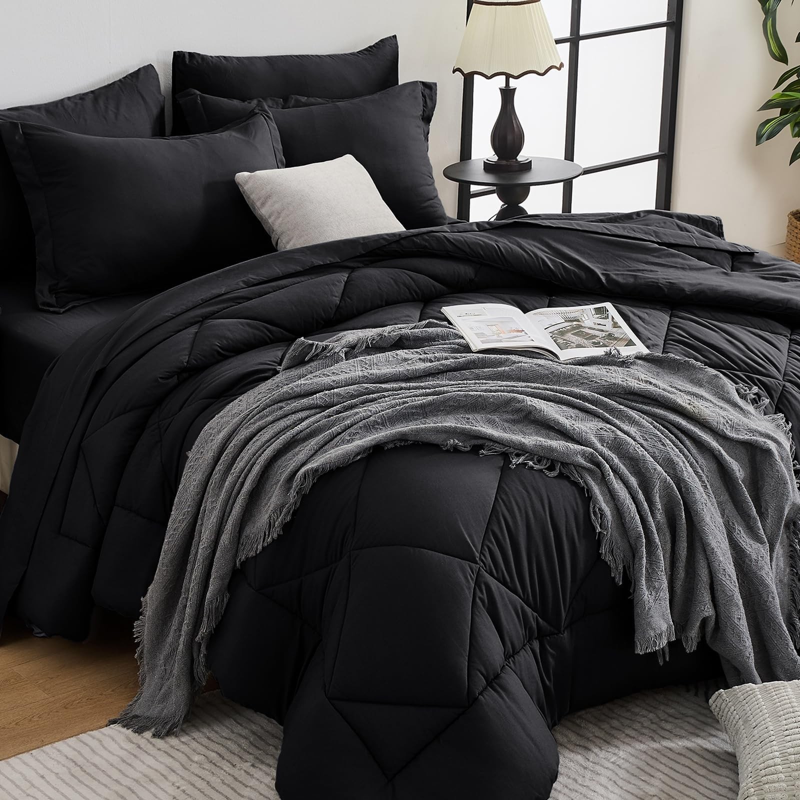 HEVUMYI Black 120×98 Oversized King Comforter Set – 7-Piece All Season Bed in…