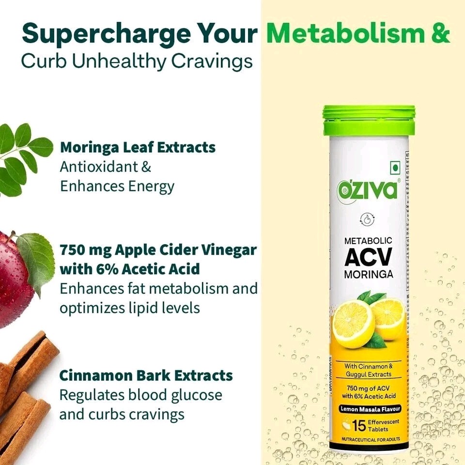 OZiva ACV Moringa Apple Cider Vinegar Tablets Lemon Masala 15tab (Pack of 2)