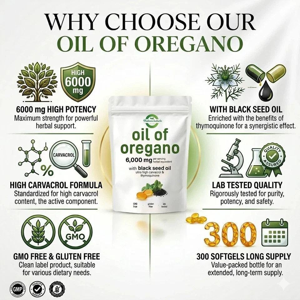 2 in 1 Oil of Oregano & Black Seed Softgels Count with Carvacrol,Immune Support