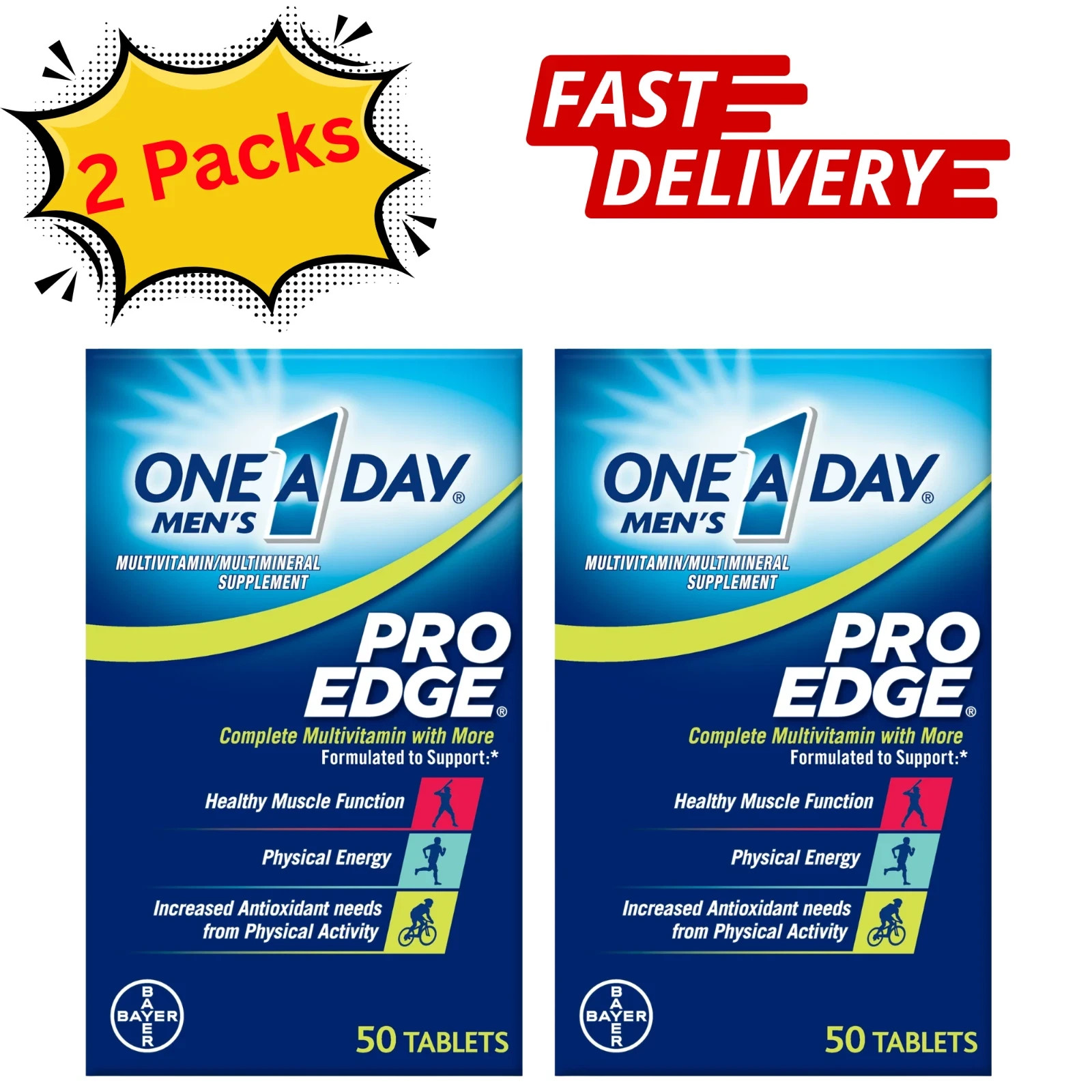 2 Pack One A Day Men’s Pro Edge Multivitamin 50 Tablets Energy Muscle Support