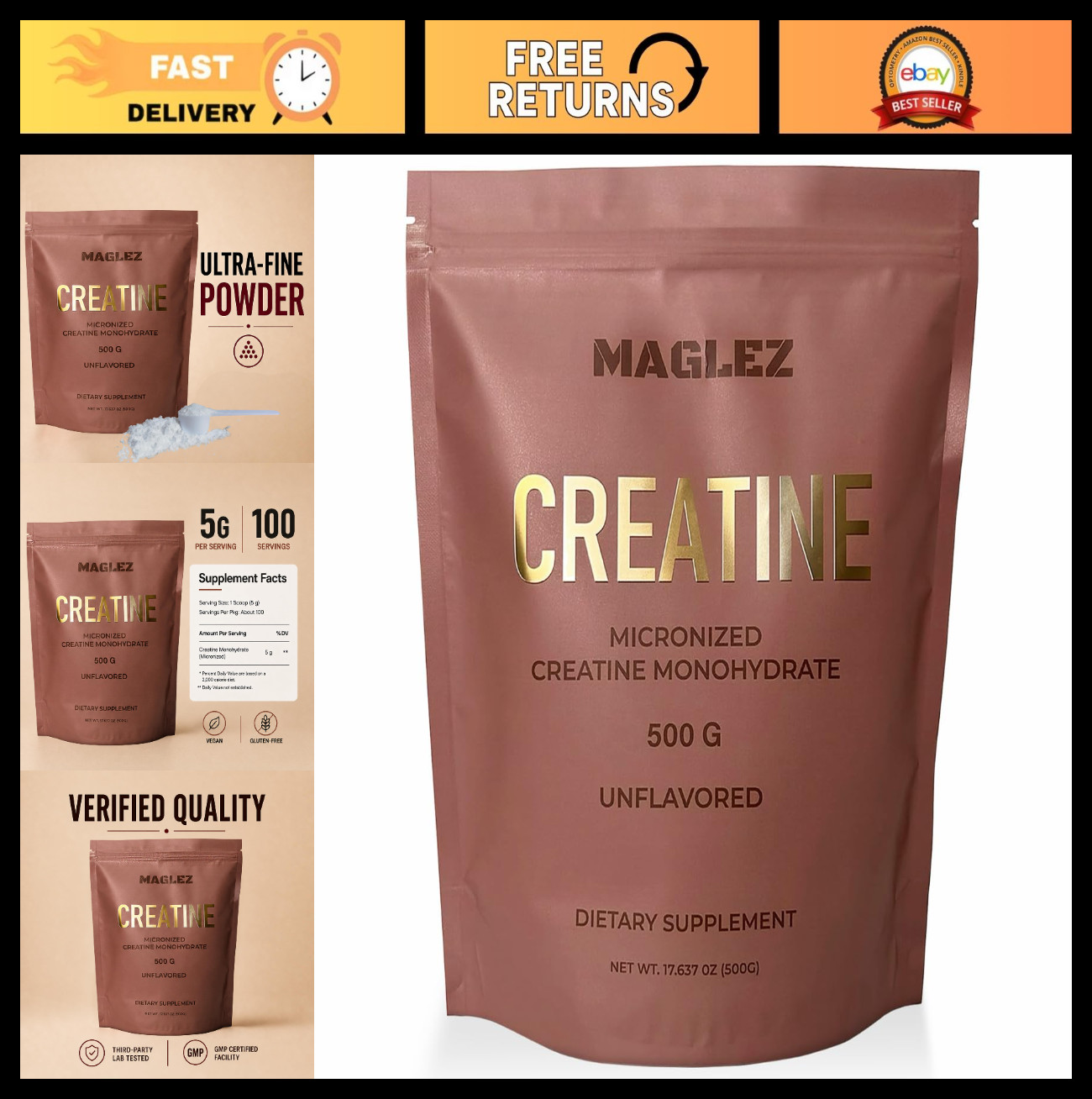 Micronized Creatine Monohydrate Powder 500g – 100 Servings, Unflavored, Boosts S