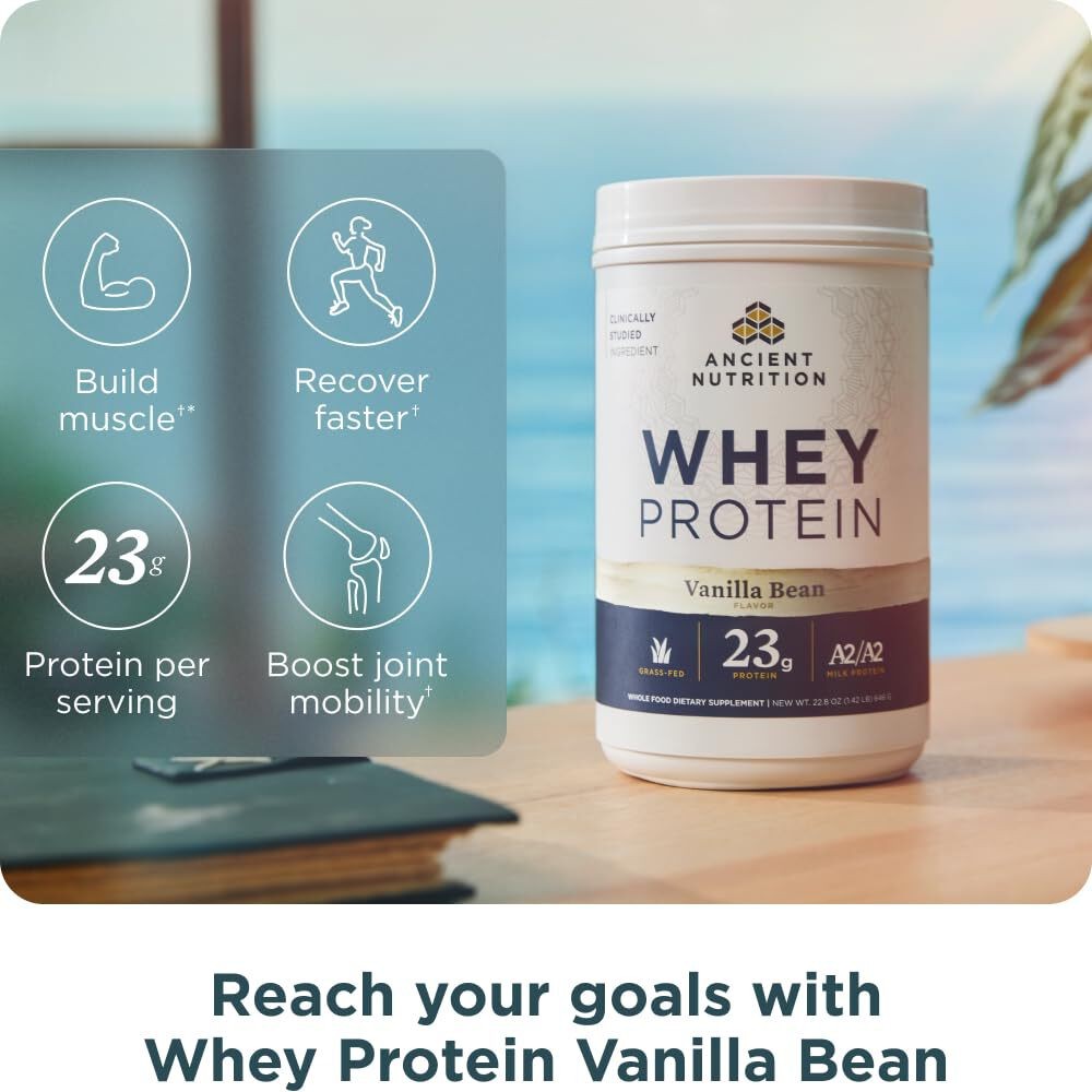 3/27 Ancient Nutrition Grass Fed Whey Protein, Vanilla Bean, 23g Protein 20 Serv