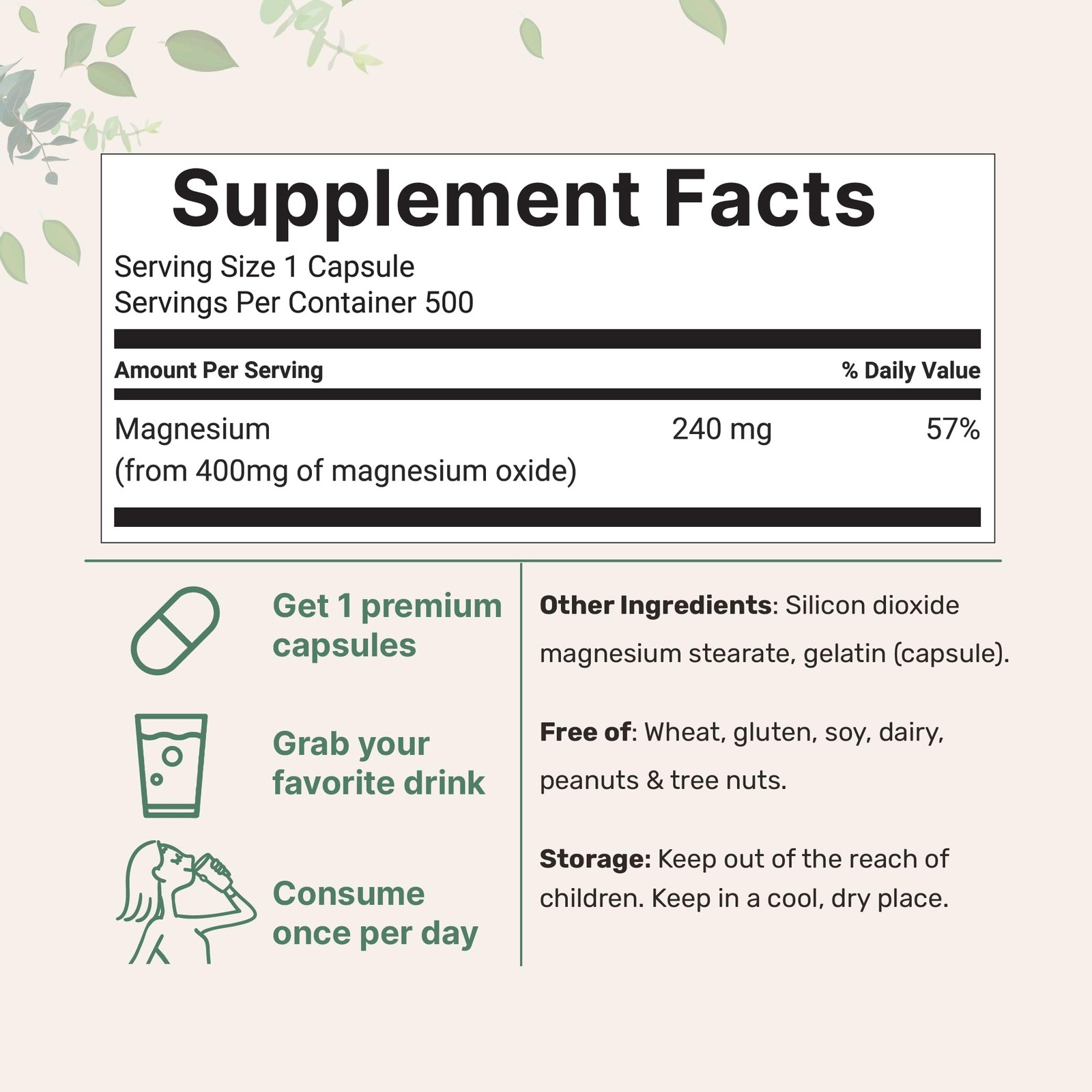 Magnesium Oxide 400mg, 500 Capsules | Elemental Form 500 Count (Pack of 1)