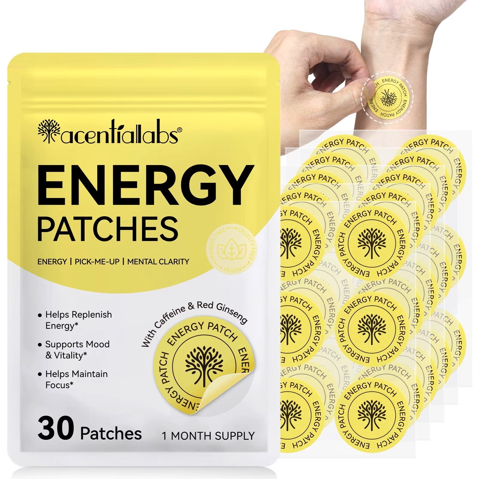 ACENTIALLABS Energy Patches | Caffeine + B12 + Ginseng | 8‑Hr Boost | 30 Count
