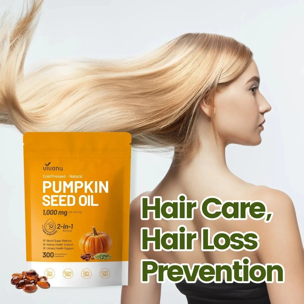 VIVONU Pumpkin Seed Oil 1000mg with Saw Palmetto 300 Softgels