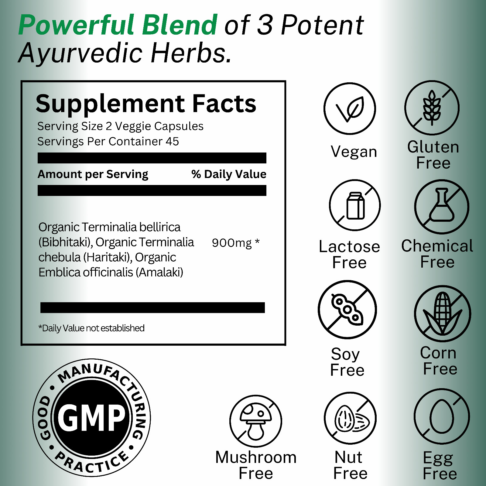 Triphala Capsules · USDA Organic · 900 Mg Per Serving · Vegan Supplement · 90 Ct