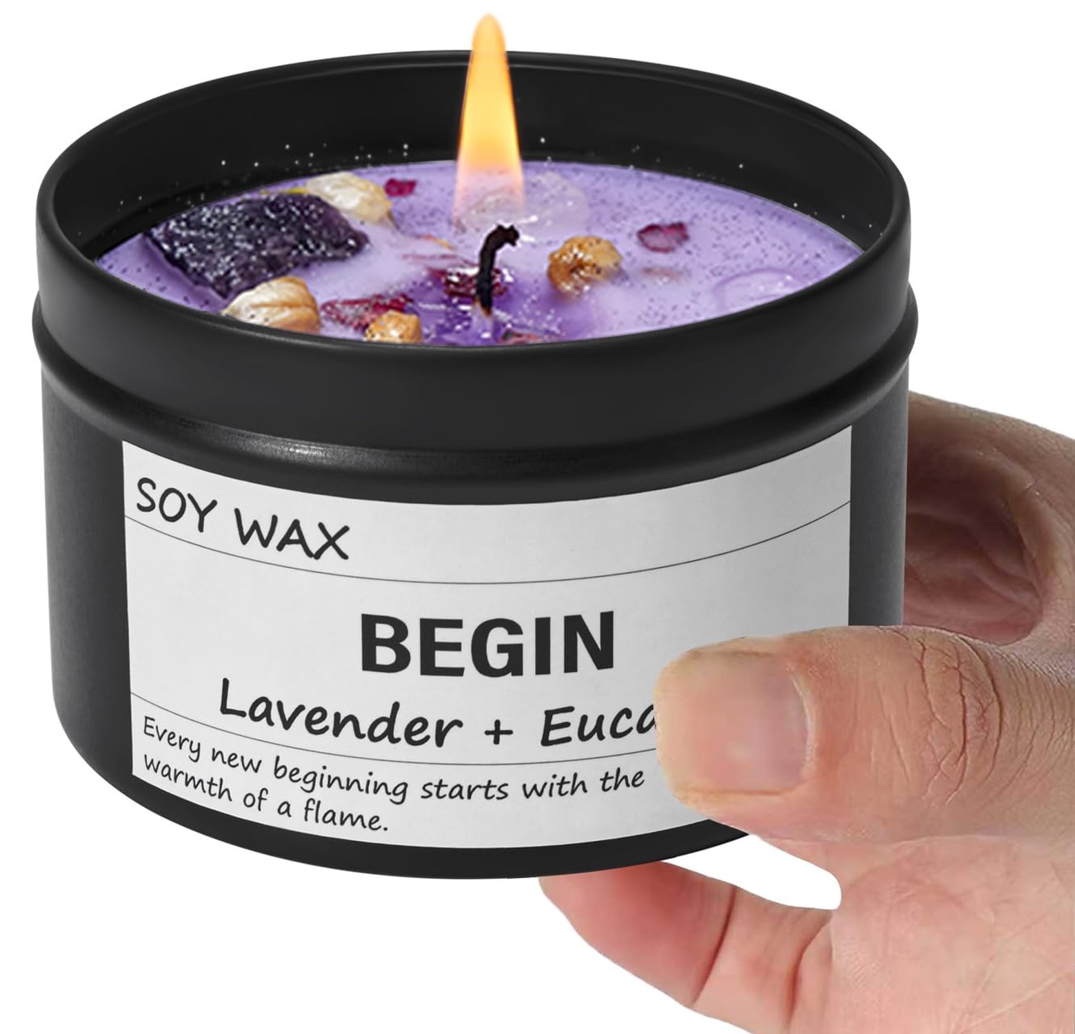 Begin New Beginnings Lavender & Eucalyptus Scented Candle, Black Jar with Pur…
