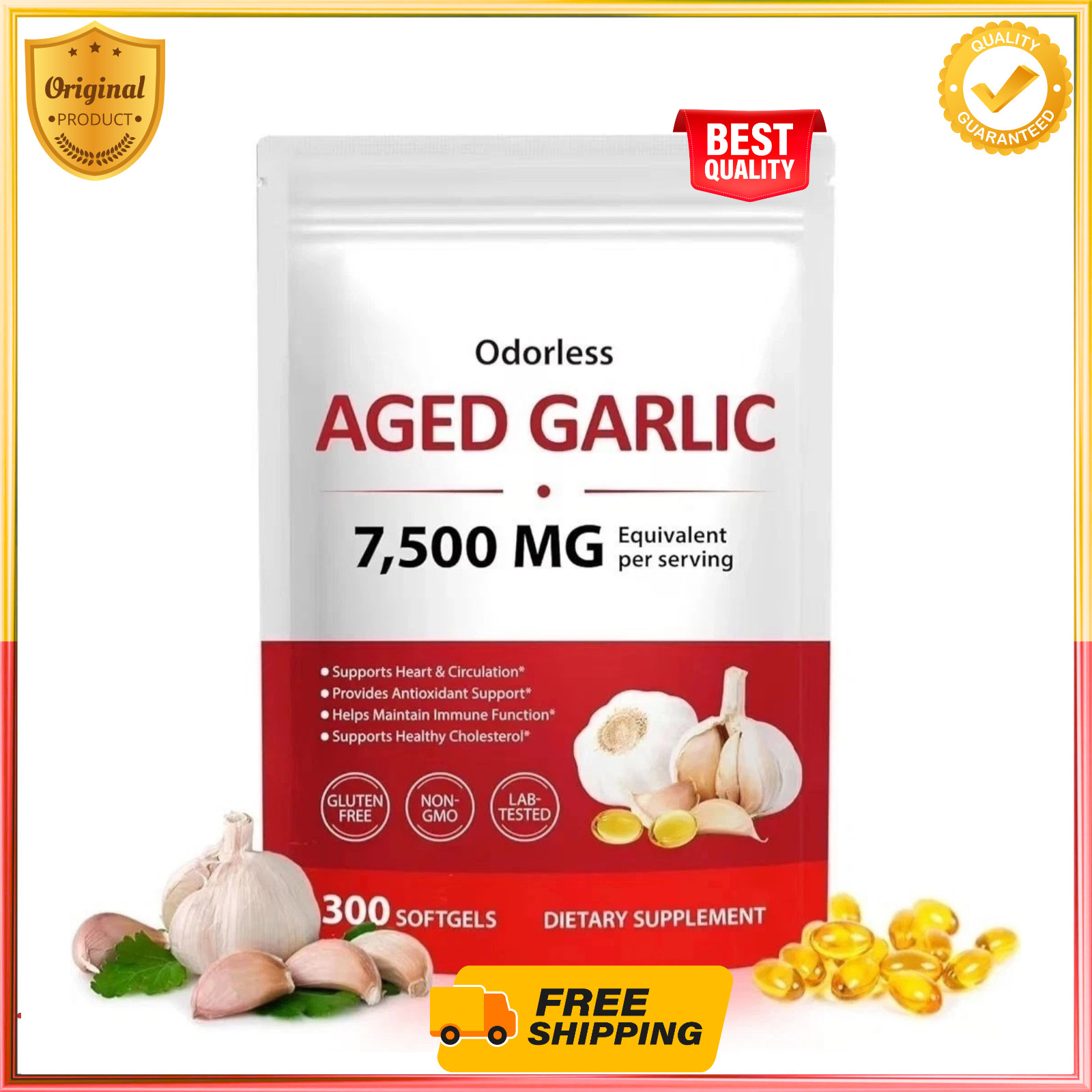 Odorless Garlic 7500Mg per Servings, 300 Softgels | 2 Years Aged Garlic Extra…