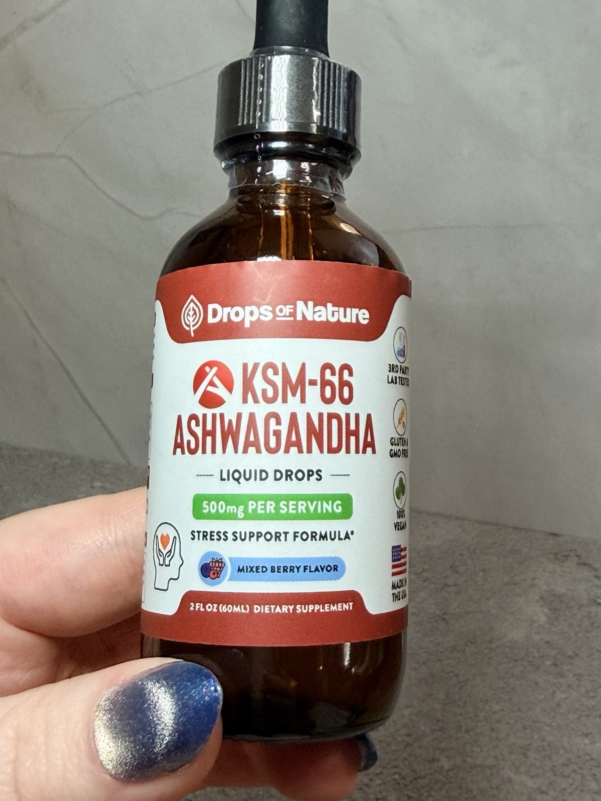 Ashwagandha KSM 66 Liquid Drops Vegan GMO Free Mixed Berry 60mL Sealed