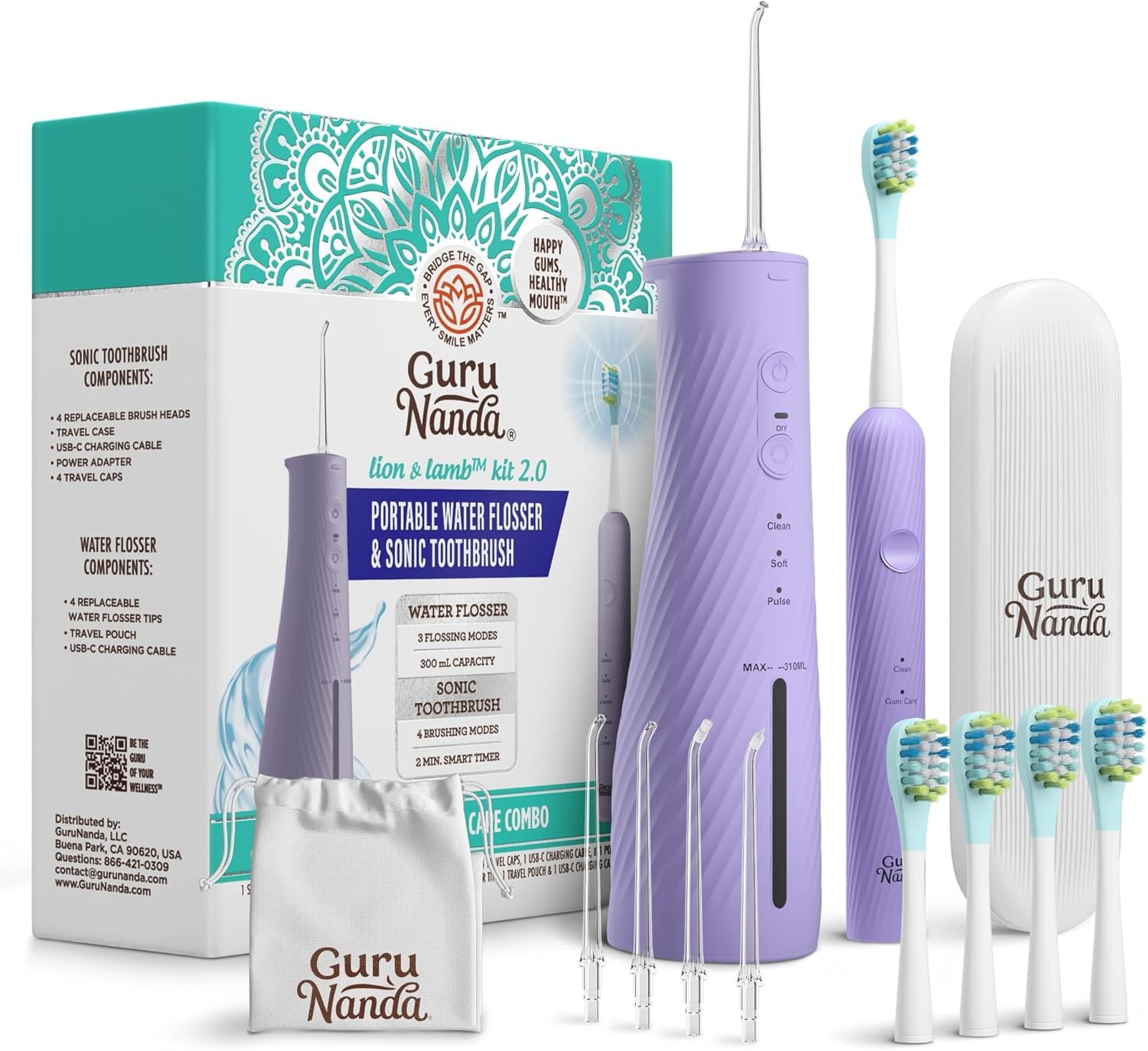 GuruNanda Lion & Lamb Kit 2.0, Electric Toothbrush with Water Flosser Combo, 4