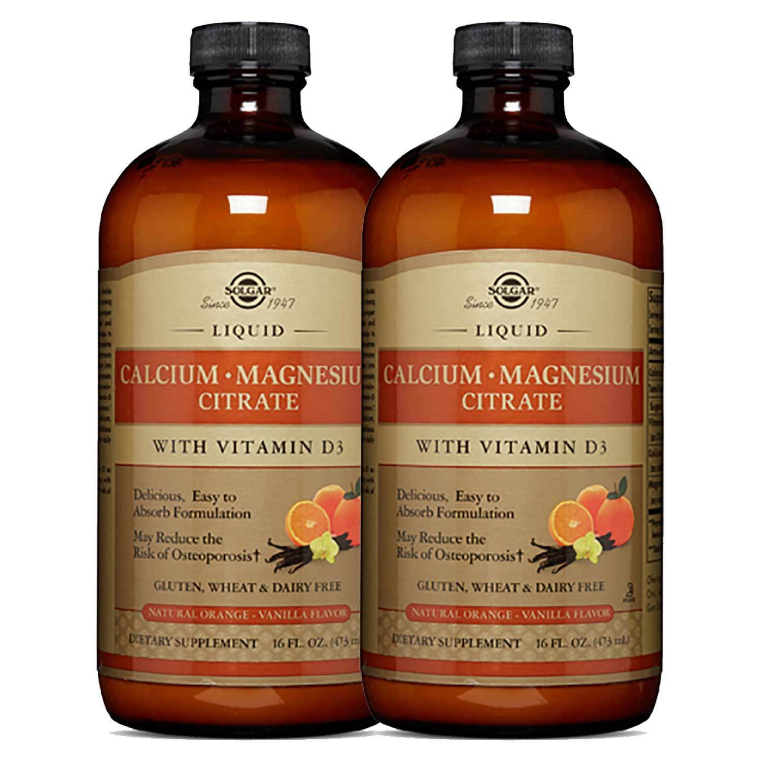 2 x Solgar Liquid Calcium Magnesium Citrate Vitamin D3 Orange Vanilla 16oz
